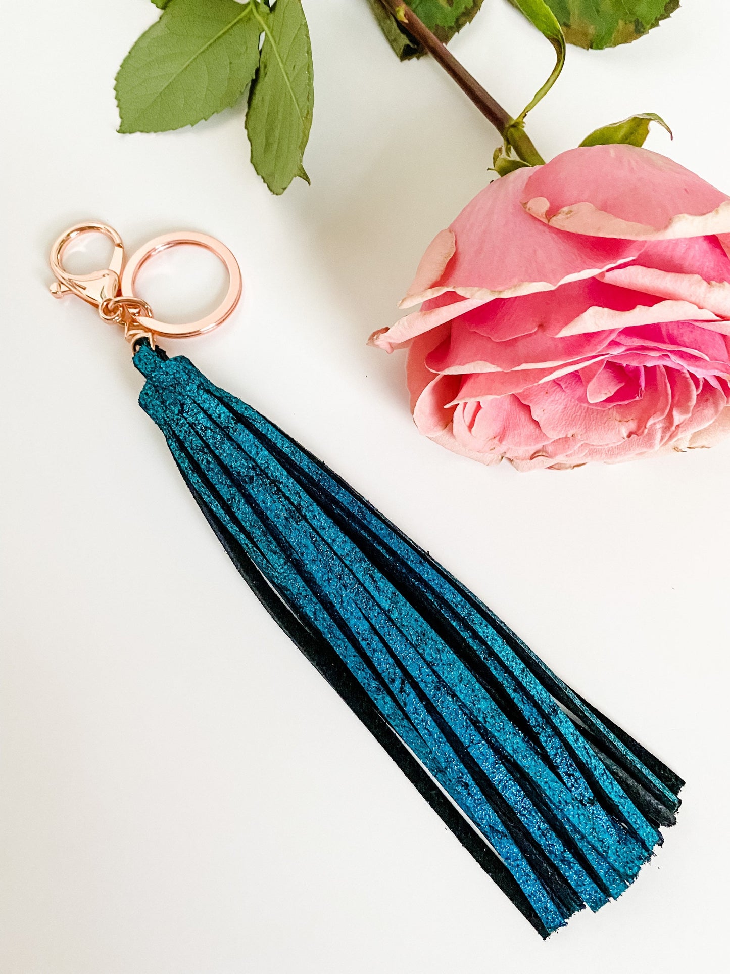 Metallic Leather Tassel, Metallic Teal Crackle on Black Suede, Purse Tassel, Fringe Tassel, Saddle Charm, Choose Hardware Style and Finish