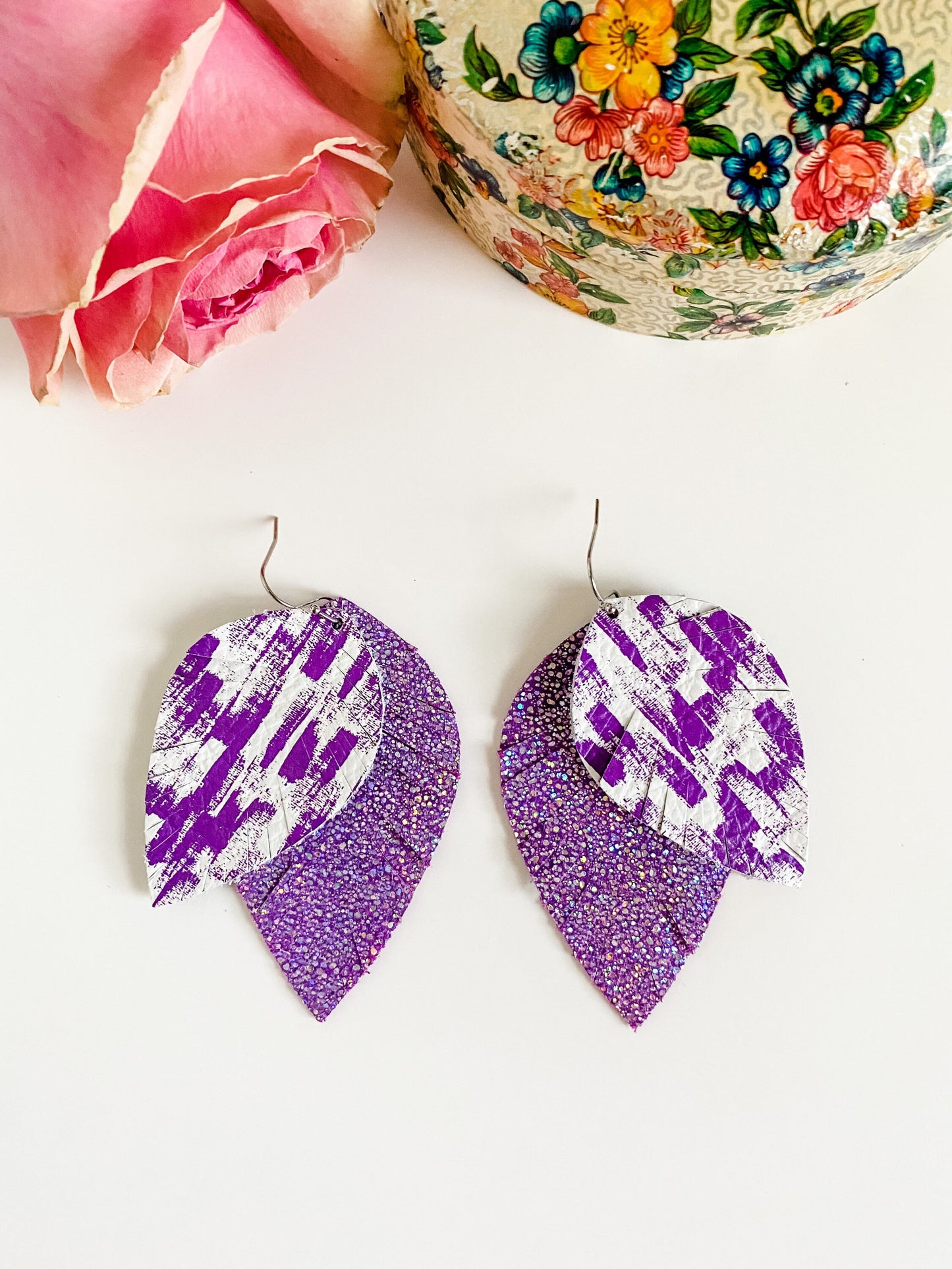 Purple Feather Earrings, Purple Boho Brushstroke on White Leather, Metallic Purple Sparkle Leather, Fringe Feather Festival Earrings