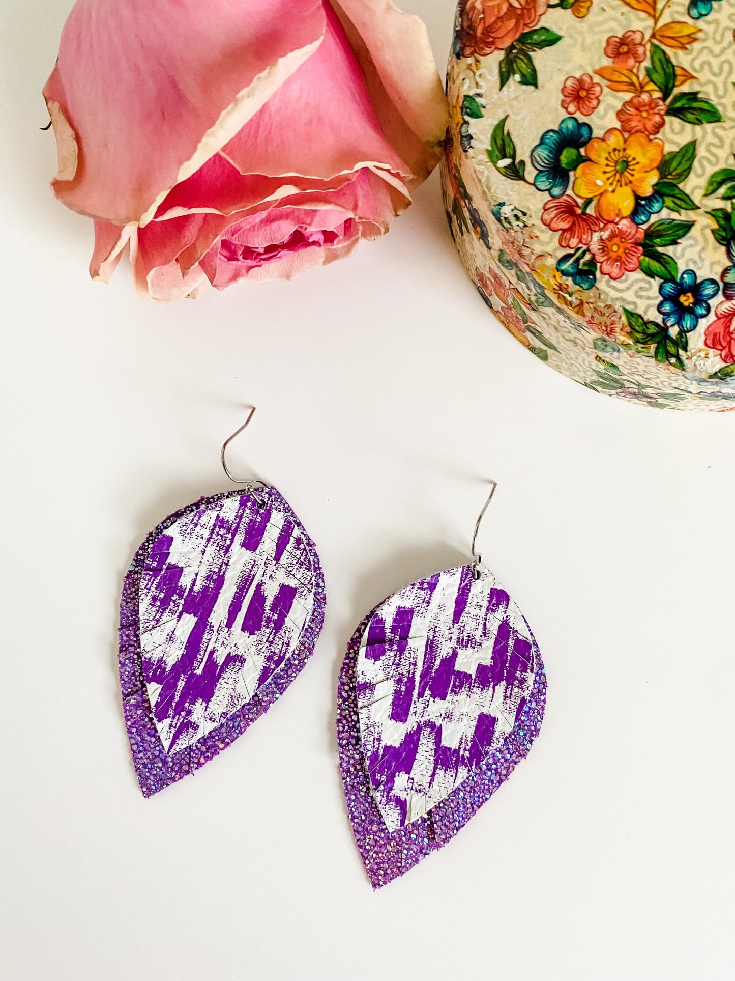 Purple Feather Earrings, Purple Boho Brushstroke on White Leather, Metallic Purple Sparkle Leather, Fringe Feather Festival Earrings