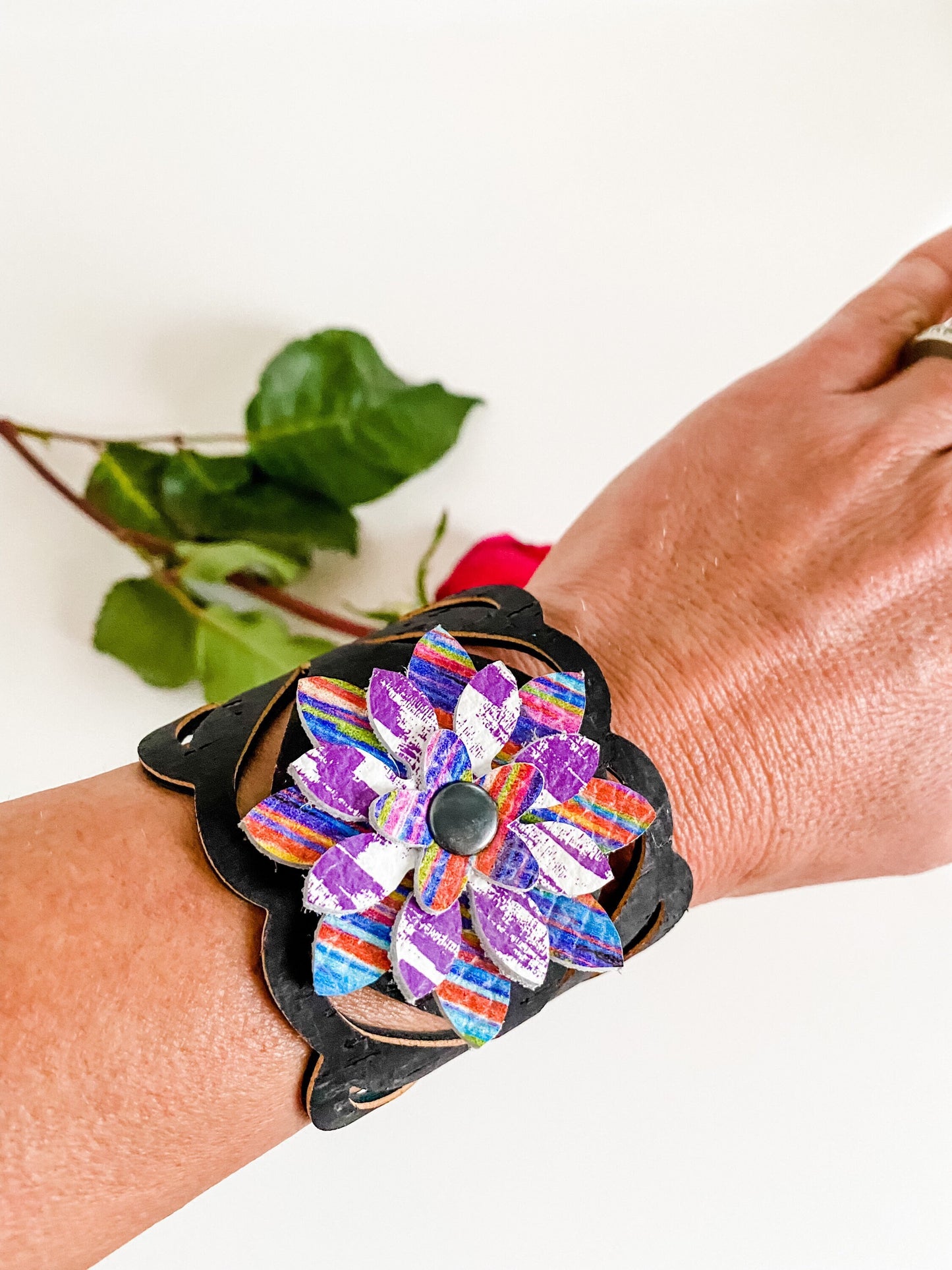 Black Cutout Leather Cuff Bracelet with Purple Flower Concho, Black Maximalist Bracelet, Festival Fashion Jewelry, Coastal Cowgirl Jewelry