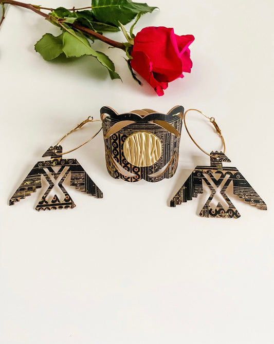 Aztec Phoenix Jewelry Set, Thunderbird Gold Hoop Earrings, Concho Bracelet, Boho Southwestern Jewelry Set, Thunderbird Earrings and Cuff