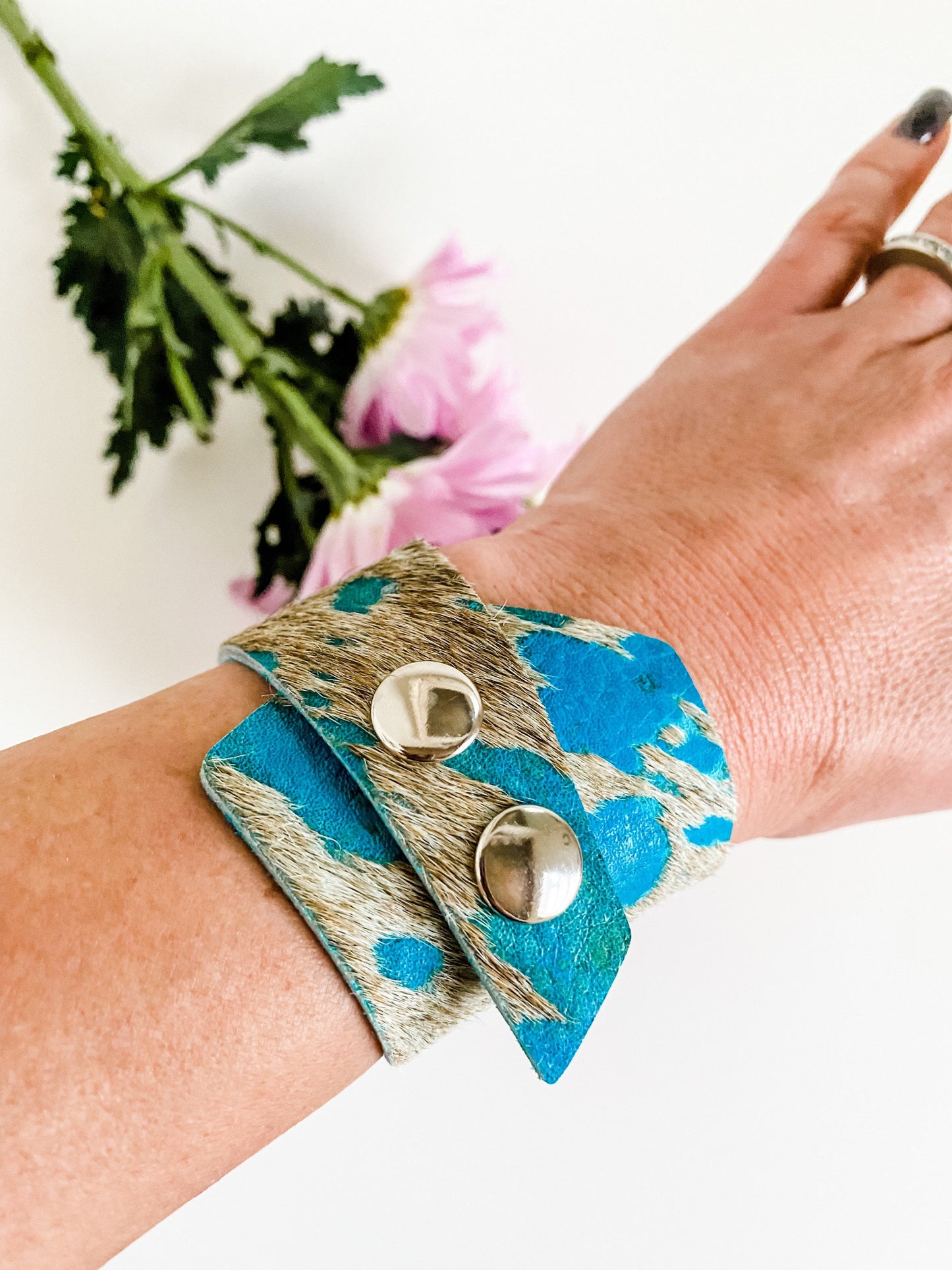 Hair on Hide Wrap Around Leather Cuff Bracelet, Acid Wash Hair on Hide Bracelets, Brindle Leather Bracelet, Punchy Western Jewelry