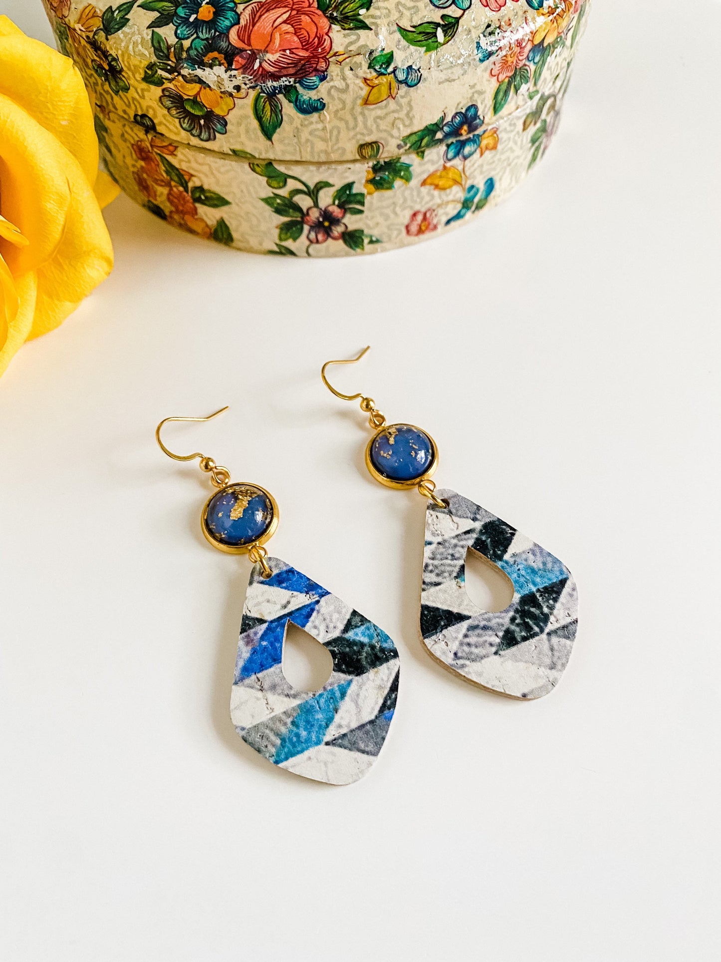 Blue and Gold Geometric Leather Earrings, Blue Chevron Print Cork, Small Navy Blue Dangle Earrings, Best Friend Birthday Gift for Her