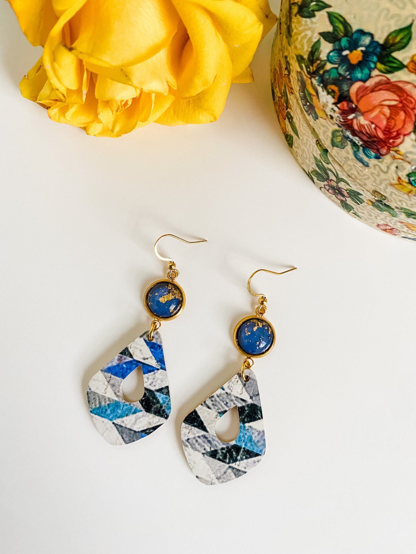 Blue and Gold Geometric Leather Earrings, Blue Chevron Print Cork, Small Navy Blue Dangle Earrings, Best Friend Birthday Gift for Her