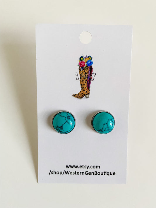 Genuine Turquoise Stud Earrings, Natural Turquoise Gemstone Earrings, Boho Silver Post Earrings, 12mm Stud Earrings, Coastal Cowgirl Chic