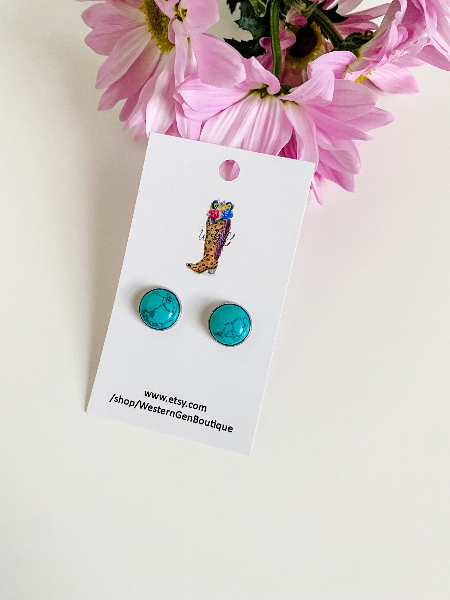 Genuine Turquoise Stud Earrings, Natural Turquoise Gemstone Earrings, Boho Silver Post Earrings, 12mm Stud Earrings, Coastal Cowgirl Chic