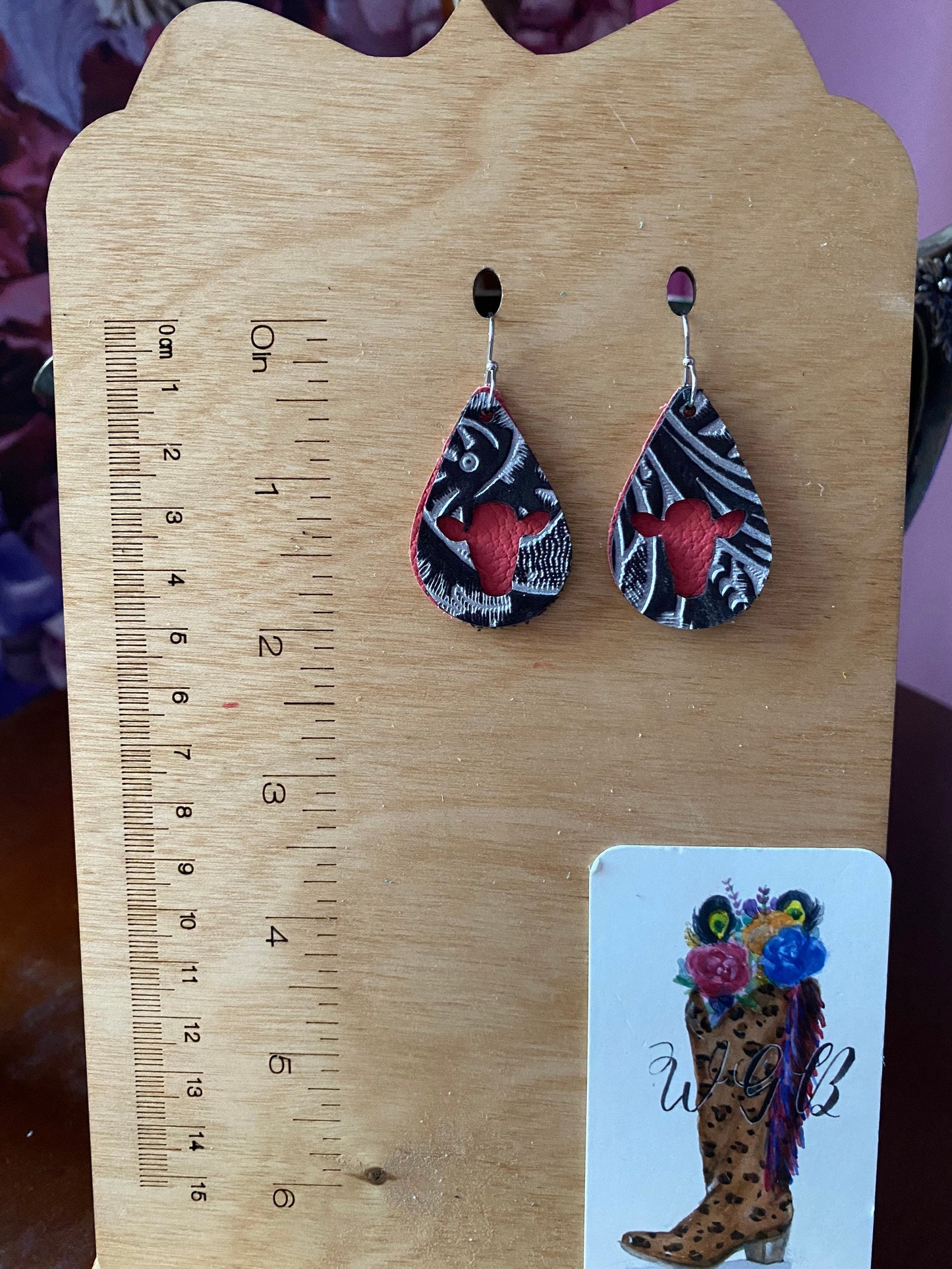 Cute Cow Earrings, Small Teardrop Earrings with Cow Cutout, Punchy Earrings, Black Silver Coral Earrings, Western Earrings, Coastal Cowgirl