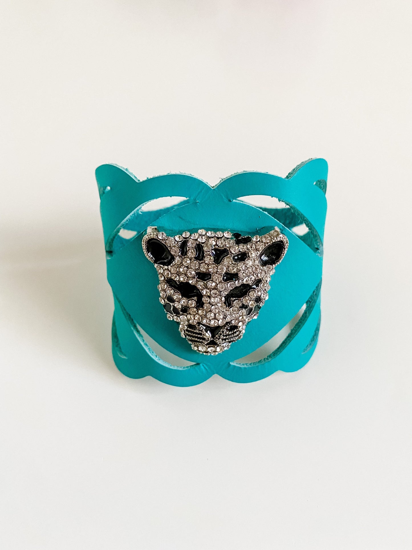 Turquoise Bling Cheetah Cuff Bracelet, Turquoise Leather Bracelet, Rhinestone Cheetah Concho, Western Maximalist Jewelry, Festival Fashion