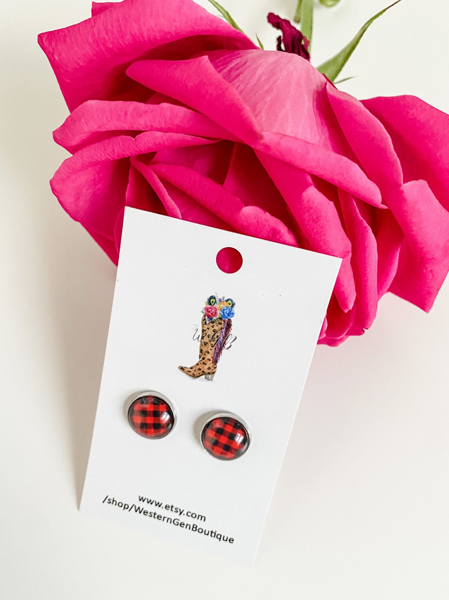 Buffalo Plaid Stud Earrings, Red and Black Plaid Earrings, Boho Buffalo Check Earrings, Gift for Teacher, Best Friend Gift for Her