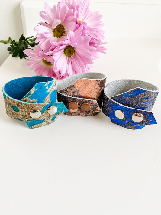 Hair on Hide Wrap Around Leather Cuff Bracelet, Acid Wash Hair on Hide Bracelets, Brindle Leather Bracelet, Punchy Western Jewelry