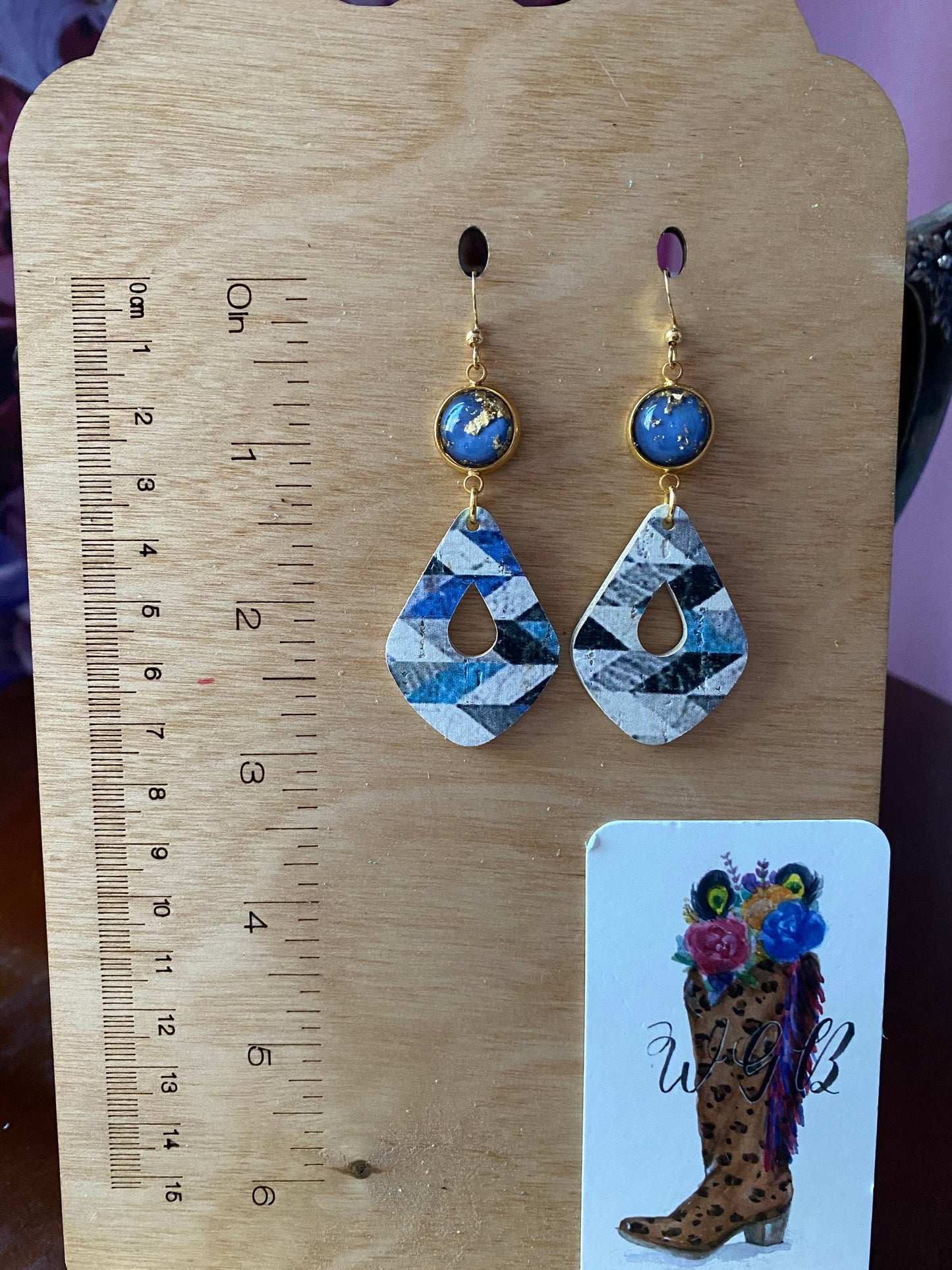 Blue and Gold Geometric Leather Earrings, Blue Chevron Print Cork, Small Navy Blue Dangle Earrings, Best Friend Birthday Gift for Her