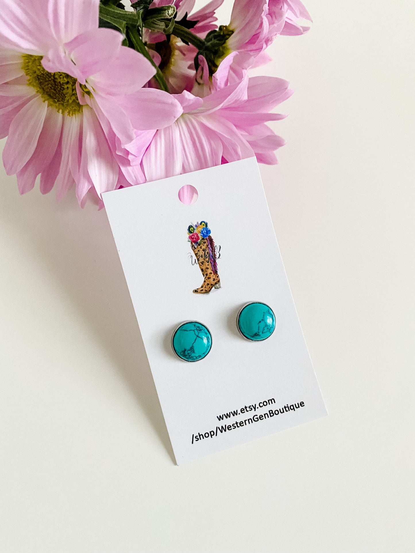 Genuine Turquoise Stud Earrings, Natural Turquoise Gemstone Earrings, Boho Silver Post Earrings, 12mm Stud Earrings, Coastal Cowgirl Chic