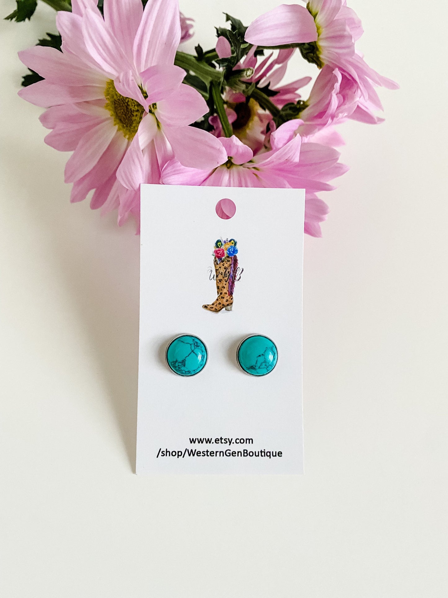 Genuine Turquoise Stud Earrings, Natural Turquoise Gemstone Earrings, Boho Silver Post Earrings, 12mm Stud Earrings, Coastal Cowgirl Chic