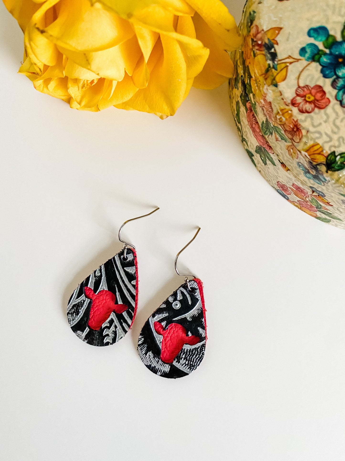 Cute Cow Earrings, Small Teardrop Earrings with Cow Cutout, Punchy Earrings, Black Silver Coral Earrings, Western Earrings, Coastal Cowgirl