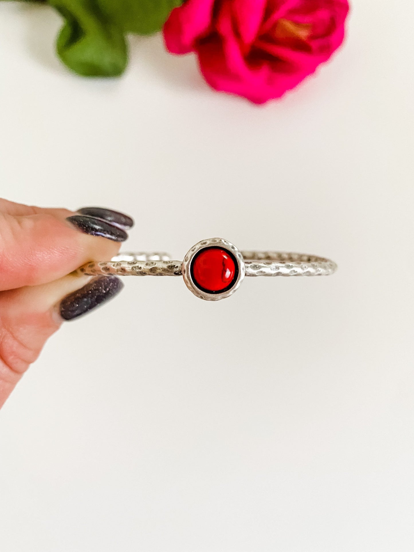 Red Howlite Bracelet and Ring Set, Coastal Cowgirl Jewelry, Silver Skinny Cuff Bracelet, Hammered Silver Ring, Boho Jewelry Gift for Her