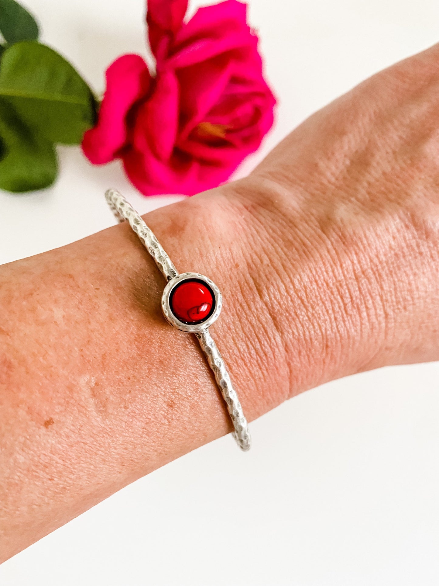 Red Howlite Bracelet and Ring Set, Coastal Cowgirl Jewelry, Silver Skinny Cuff Bracelet, Hammered Silver Ring, Boho Jewelry Gift for Her