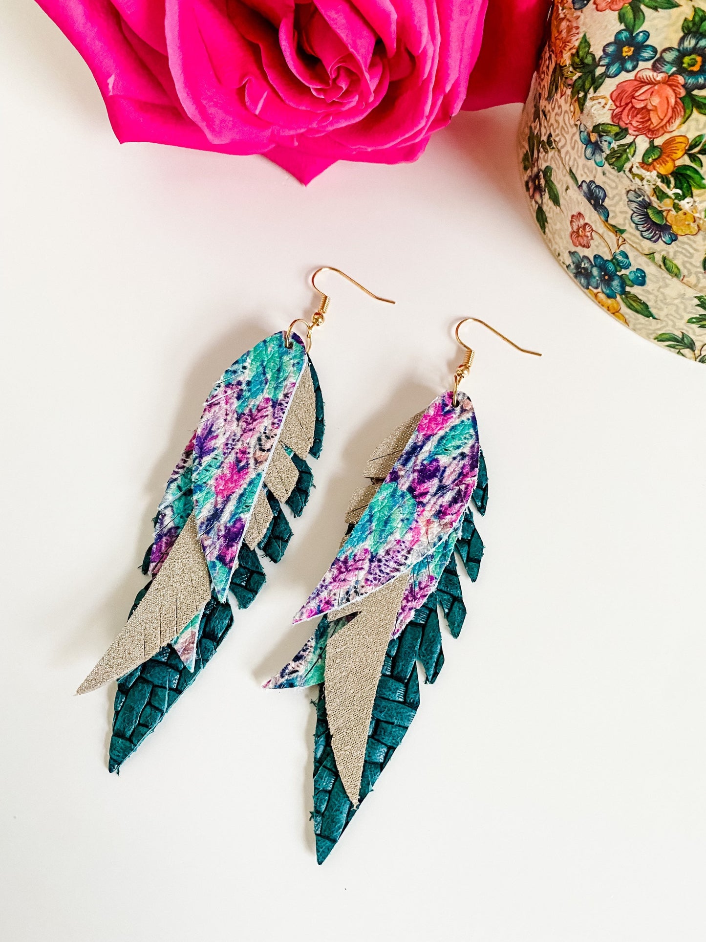 Layered Feather Earrings, Feather Print Leather, Champagne Dazzle Suede, Dark Teal Woven Leather, Statement Earrings, Aqua, Pink, Purple