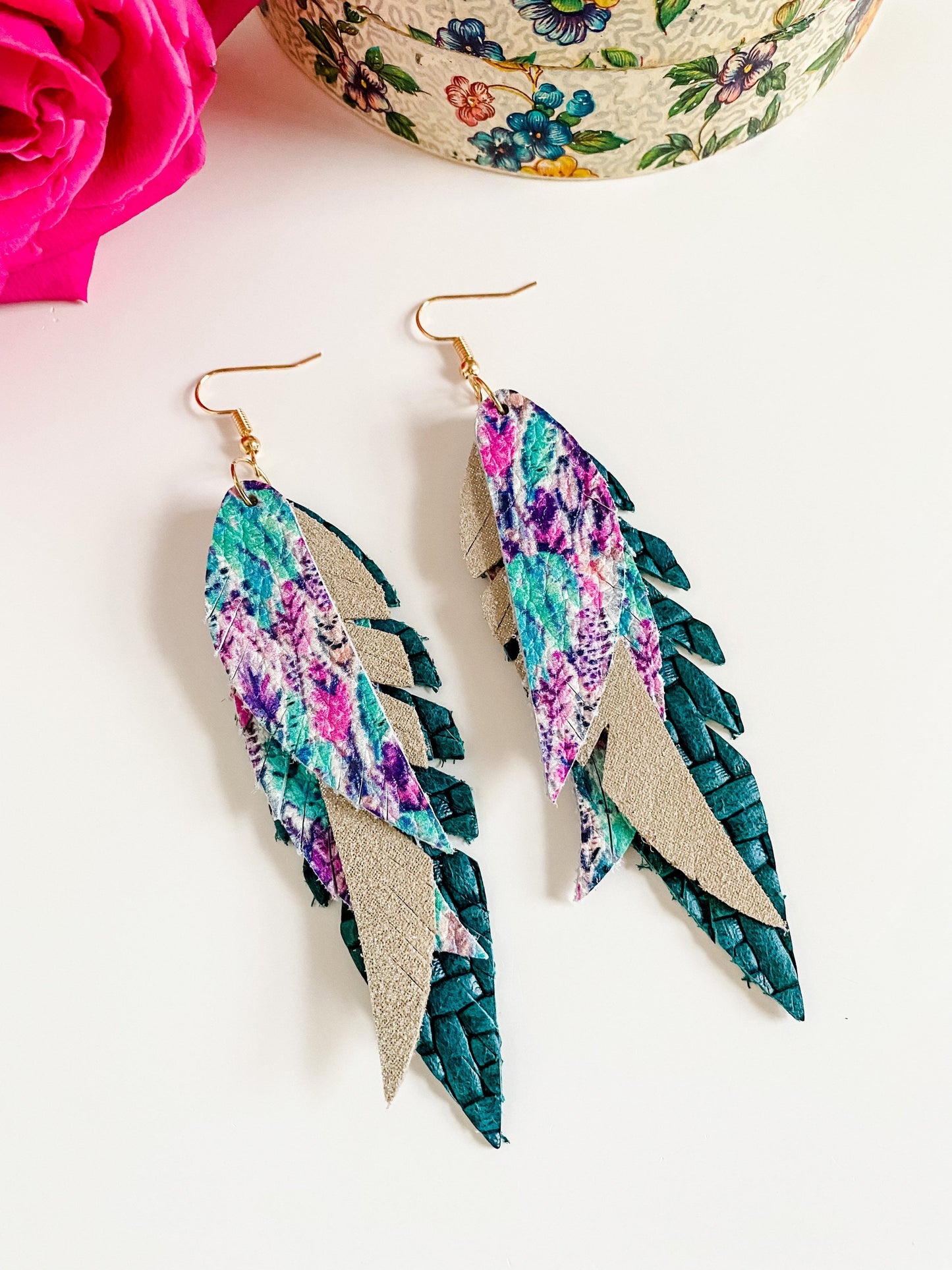 Layered Feather Earrings, Feather Print Leather, Champagne Dazzle Suede, Dark Teal Woven Leather, Statement Earrings, Aqua, Pink, Purple