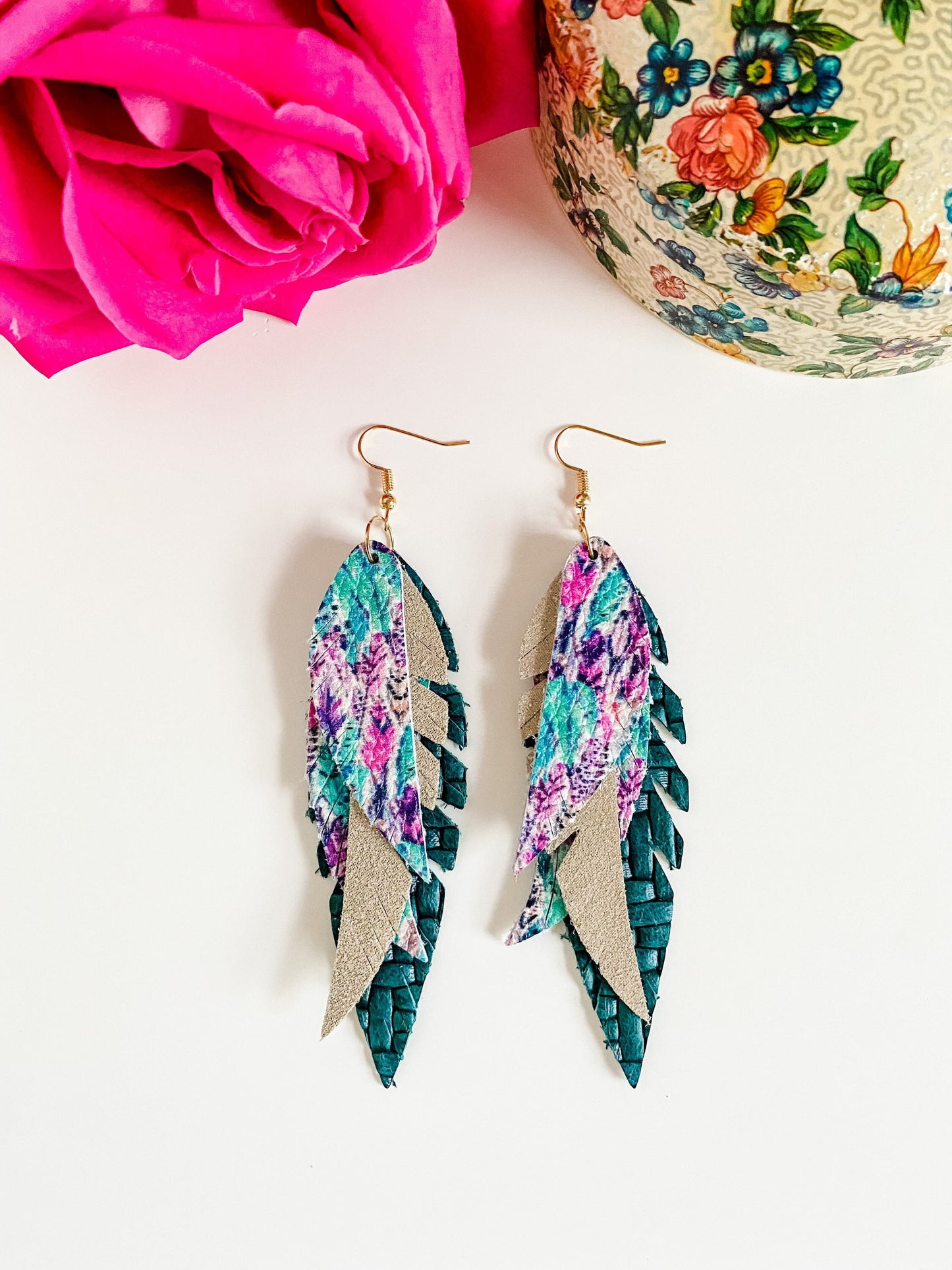 Layered Feather Earrings, Feather Print Leather, Champagne Dazzle Suede, Dark Teal Woven Leather, Statement Earrings, Aqua, Pink, Purple