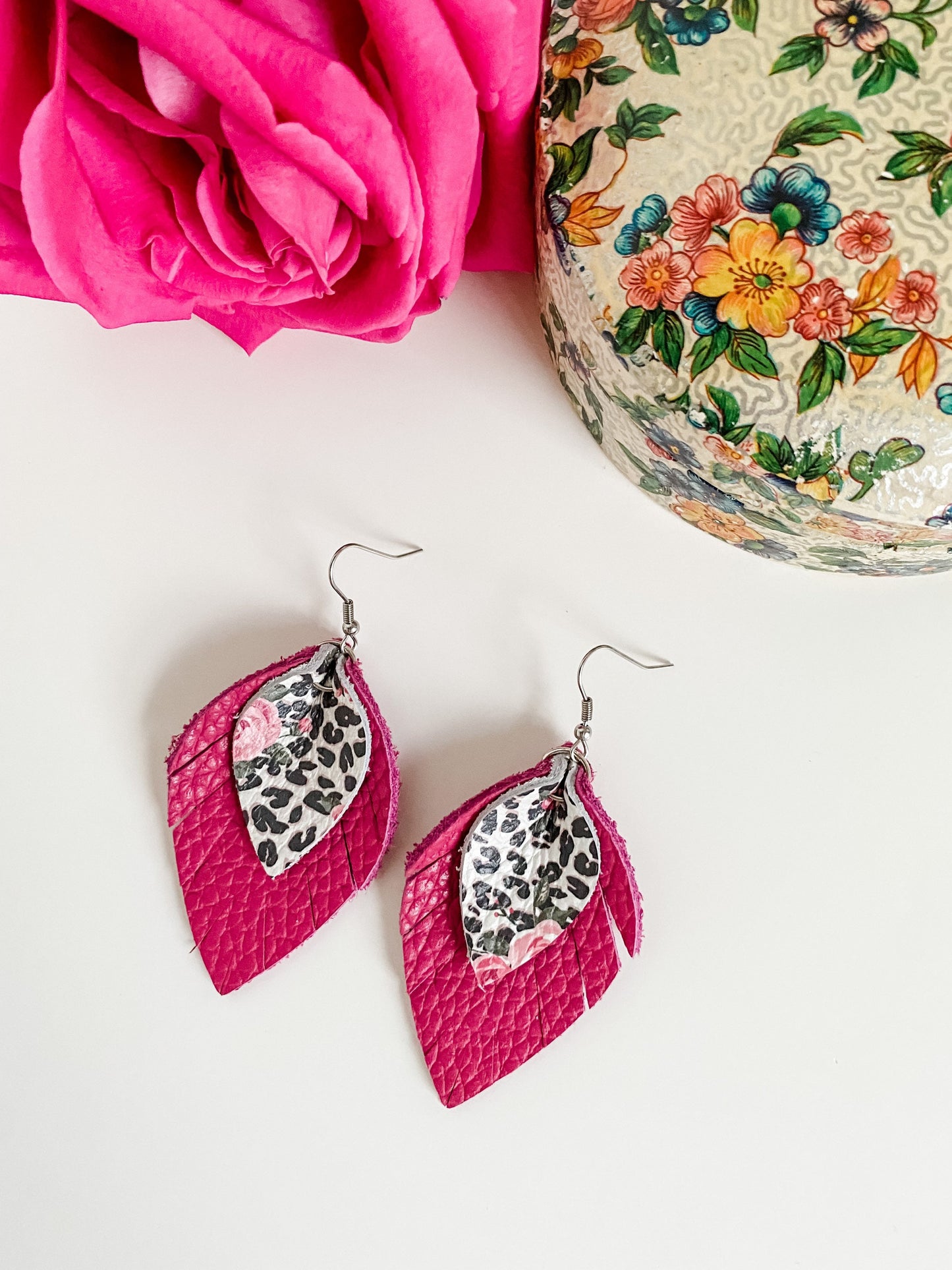 Leather Pinched Petal Earrings, Dark Pink Leather, Black White Leopard Print with Roses, Coquette Chic Earrings, Fringe Petal Earrings