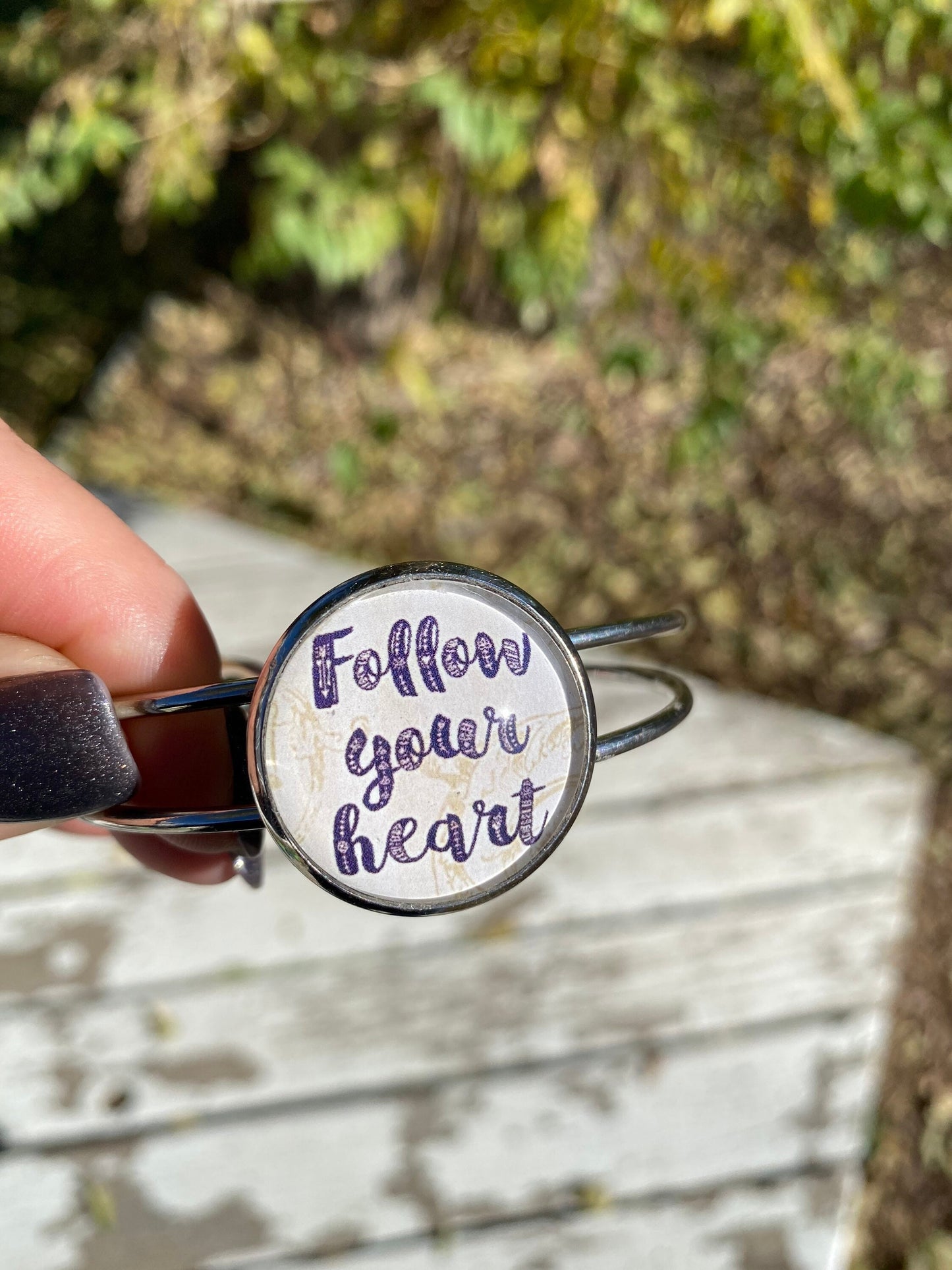 Follow Your Heart Bracelet, Silver Cuff Bracelet with Motivational Saying, Best Friend Birthday Gift for Her, Yoga Jewelry, Galentines Gift