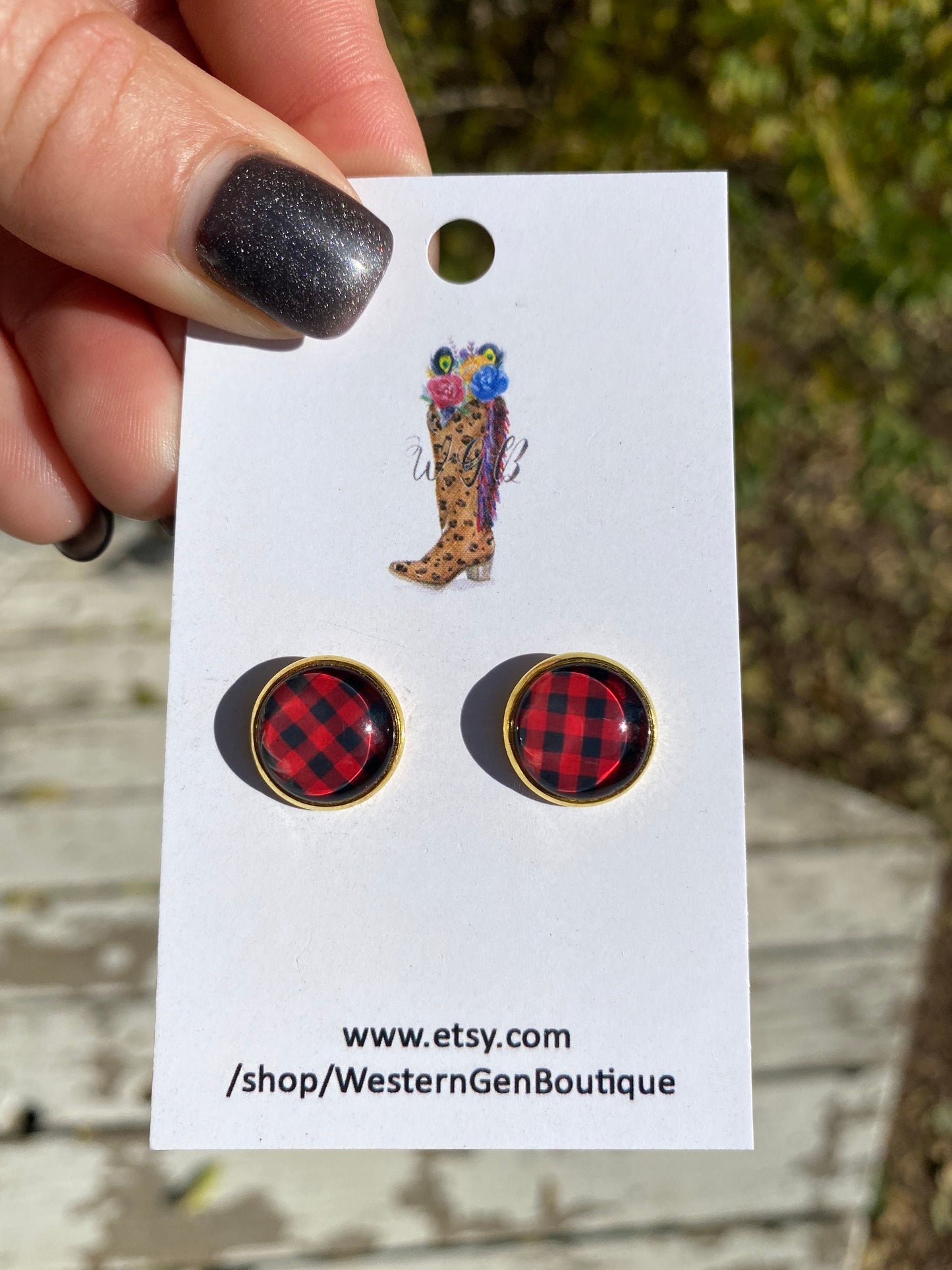 Buffalo Plaid Stud Earrings, Red and Black Plaid Earrings, Boho Buffalo Check Earrings, Gift for Teacher, Best Friend Gift for Her