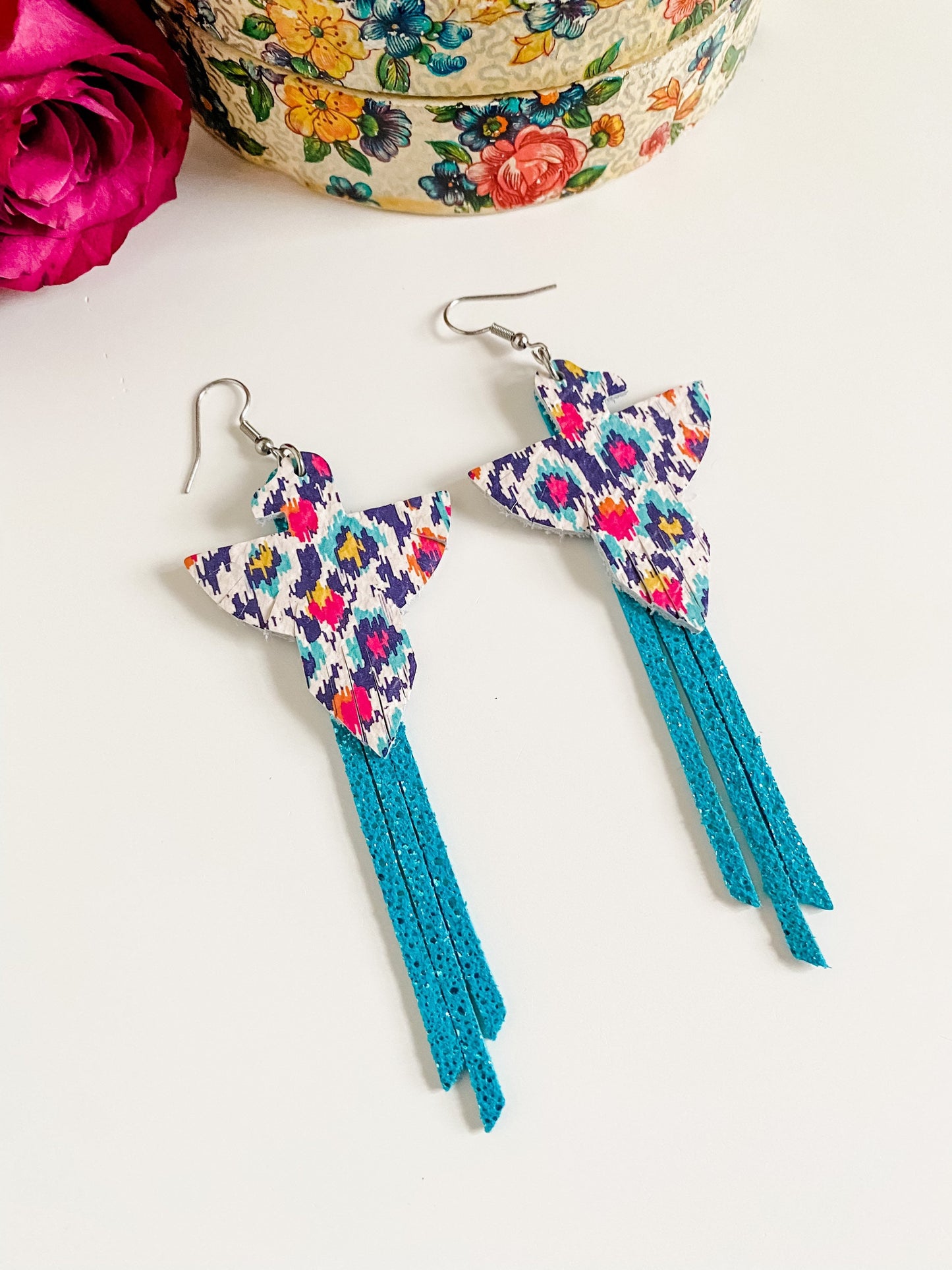 Thunderbird Fringe Earrings, Ikat Print Leather, Metallic Turquoise Leather Fringe, Boho Coastal Cowgirl Chic Earrings, Western Earrings