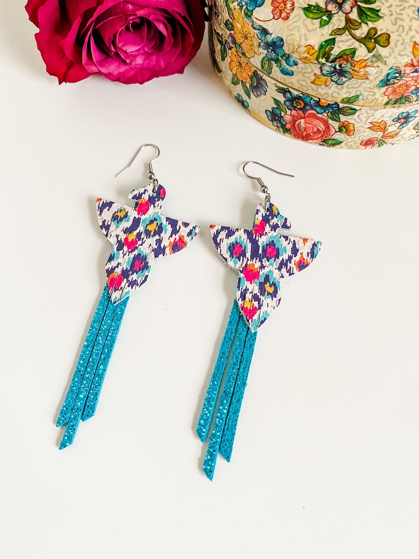 Thunderbird Fringe Earrings, Ikat Print Leather, Metallic Turquoise Leather Fringe, Boho Coastal Cowgirl Chic Earrings, Western Earrings