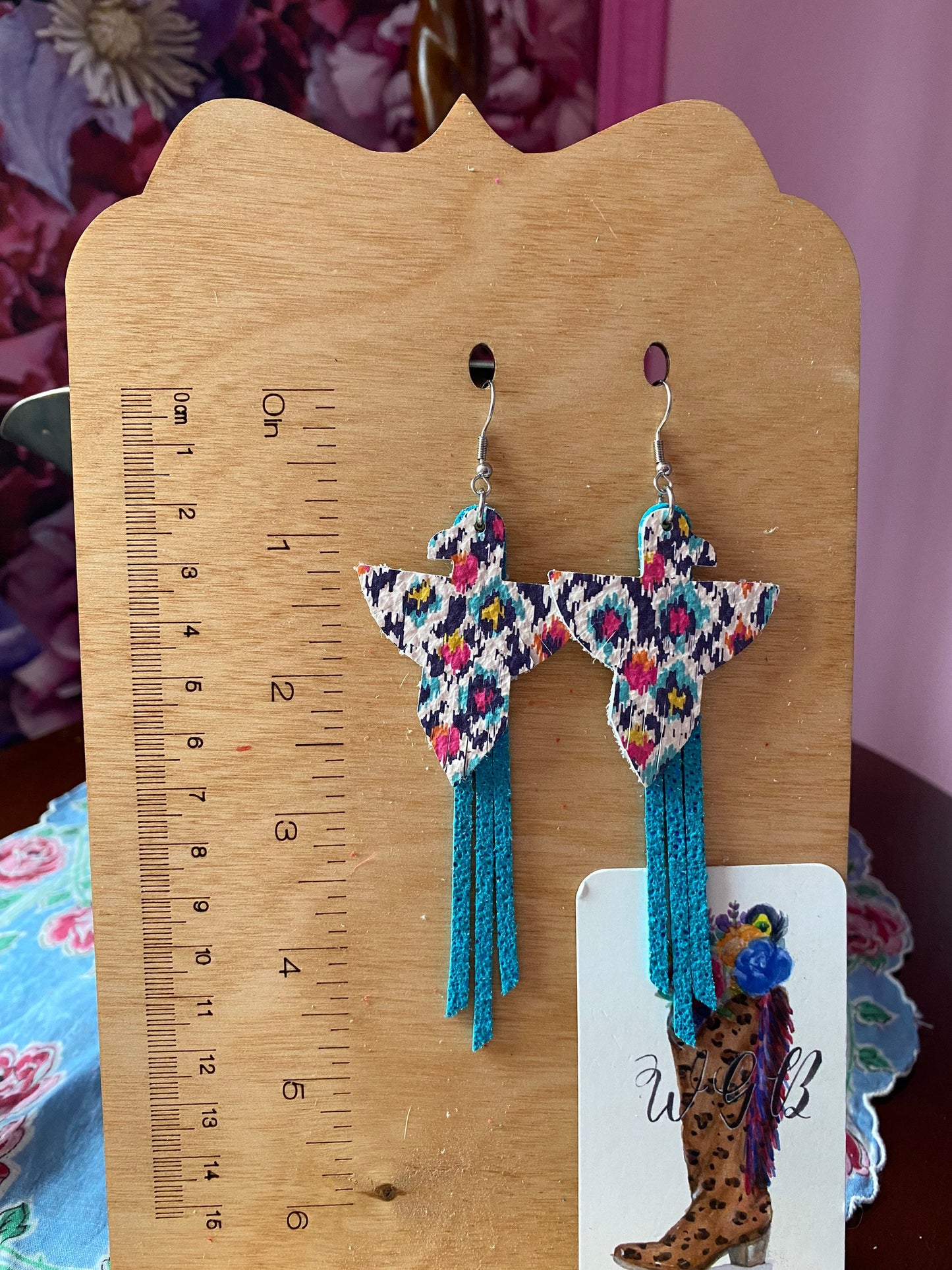 Thunderbird Fringe Earrings, Ikat Print Leather, Metallic Turquoise Leather Fringe, Boho Coastal Cowgirl Chic Earrings, Western Earrings