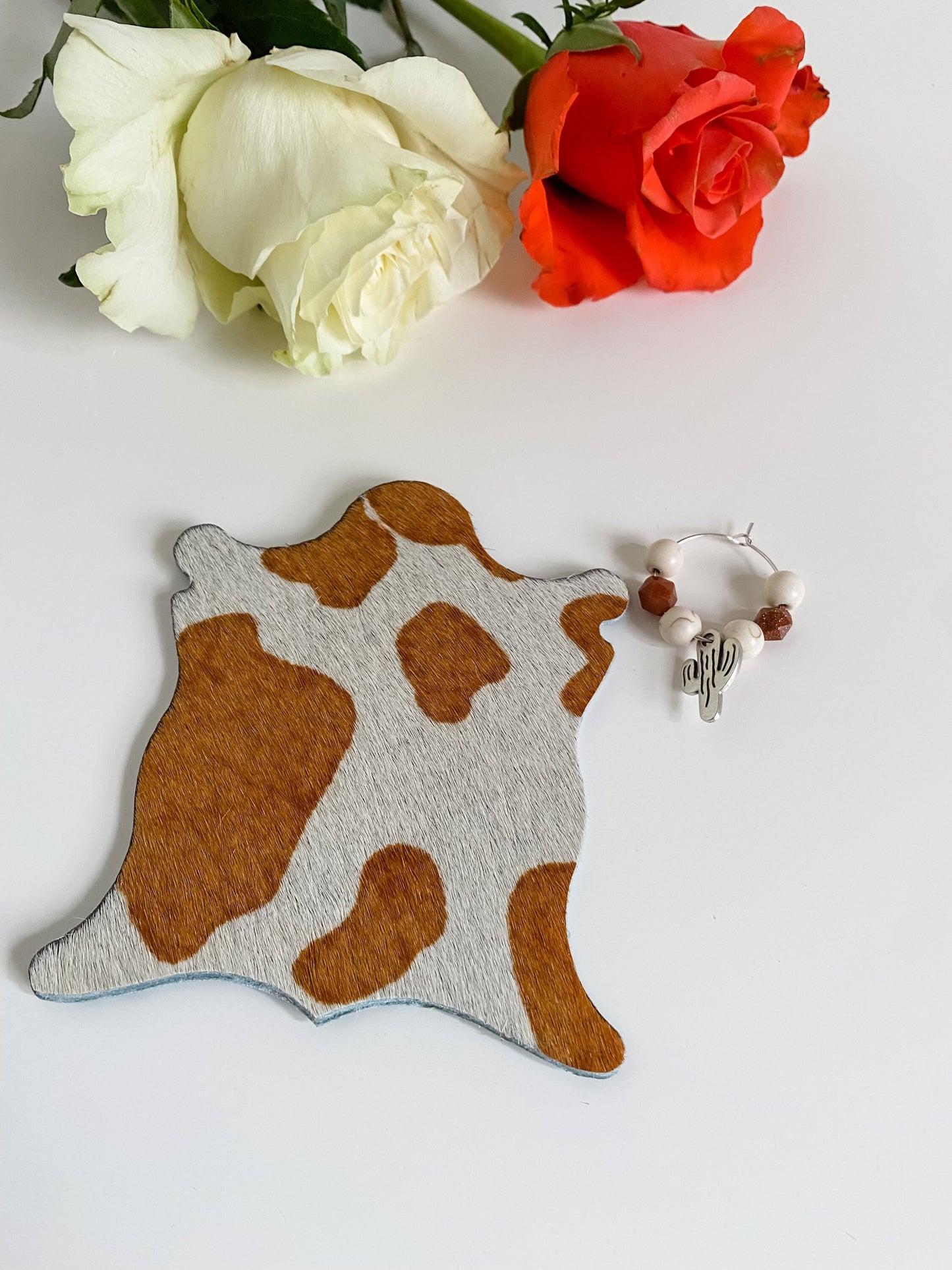 Cowhide Coaster and Wine Glass Charm Set, Cow Print Coasters, Turquoise Western Coasters, Cowgirl Barware Gift, Classy Cowgirl Coasters