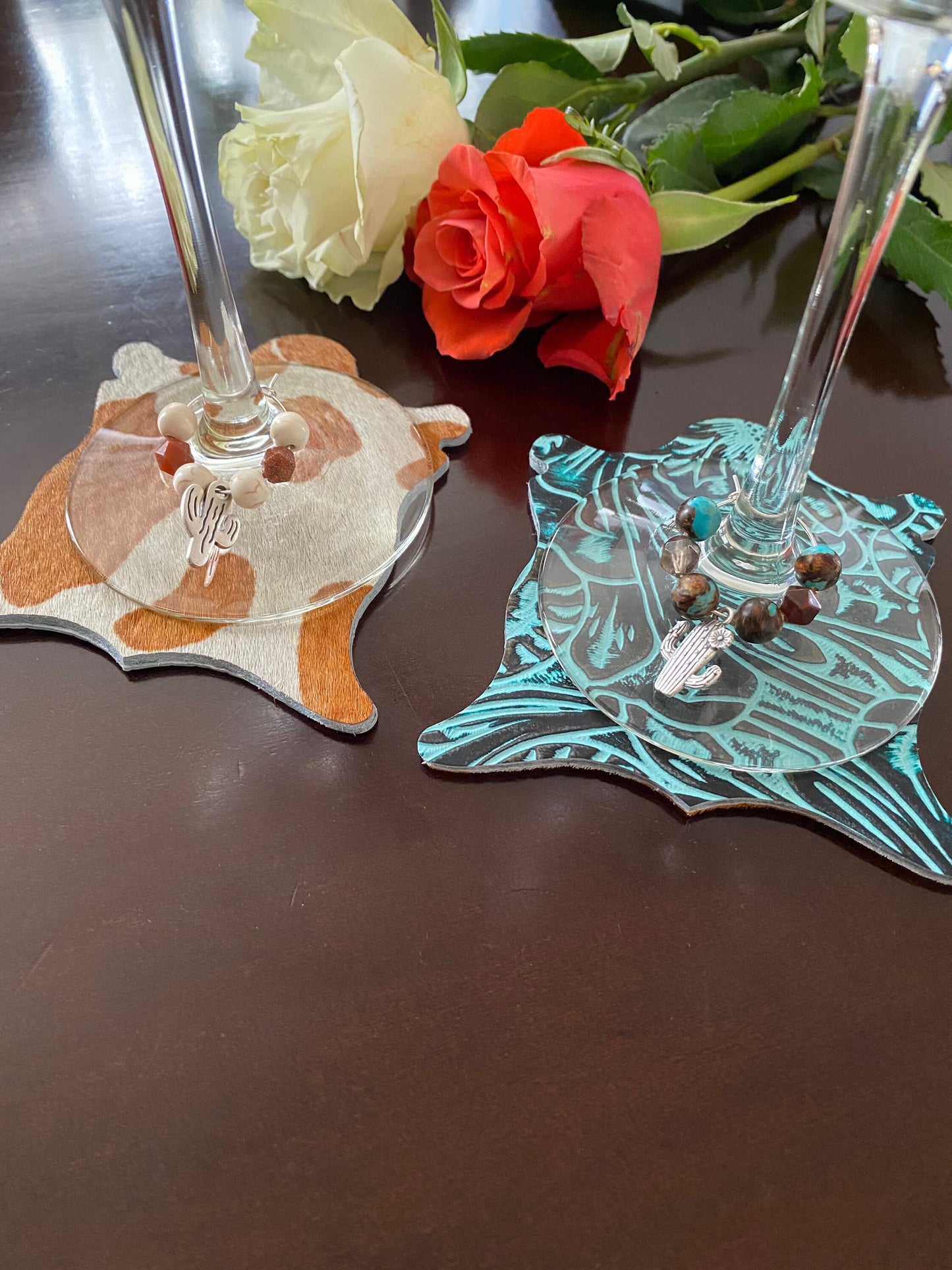 Cowhide Coaster and Wine Glass Charm Set, Cow Print Coasters, Turquoise Western Coasters, Cowgirl Barware Gift, Classy Cowgirl Coasters