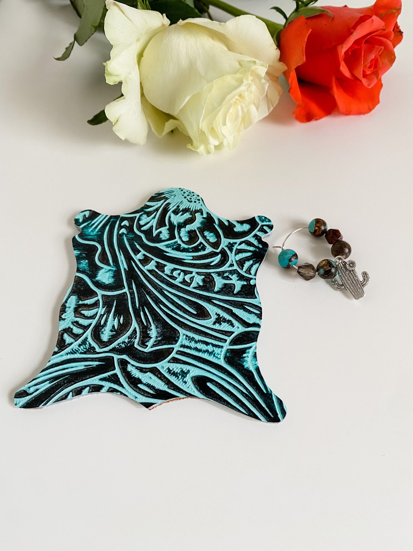 Cowhide Coaster and Wine Glass Charm Set, Cow Print Coasters, Turquoise Western Coasters, Cowgirl Barware Gift, Classy Cowgirl Coasters