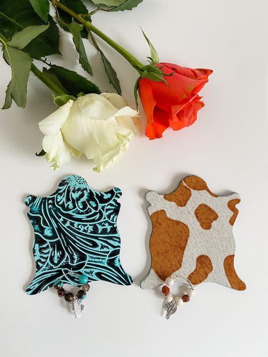 Cowhide Coaster and Wine Glass Charm Set, Cow Print Coasters, Turquoise Western Coasters, Cowgirl Barware Gift, Classy Cowgirl Coasters