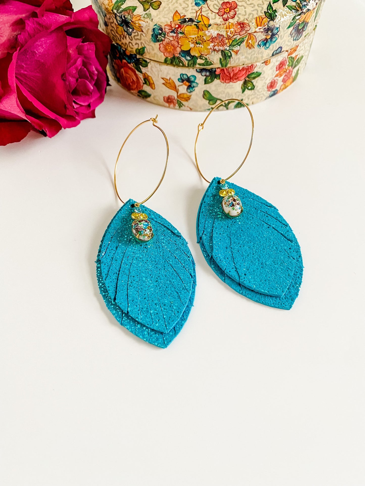 Boho Turquoise Leather Feather Earrings with Vintage Crystal Drops, Gold Hoop Earrings Fringe Leaf Dangle, Cowgirl Glam Western Earrings