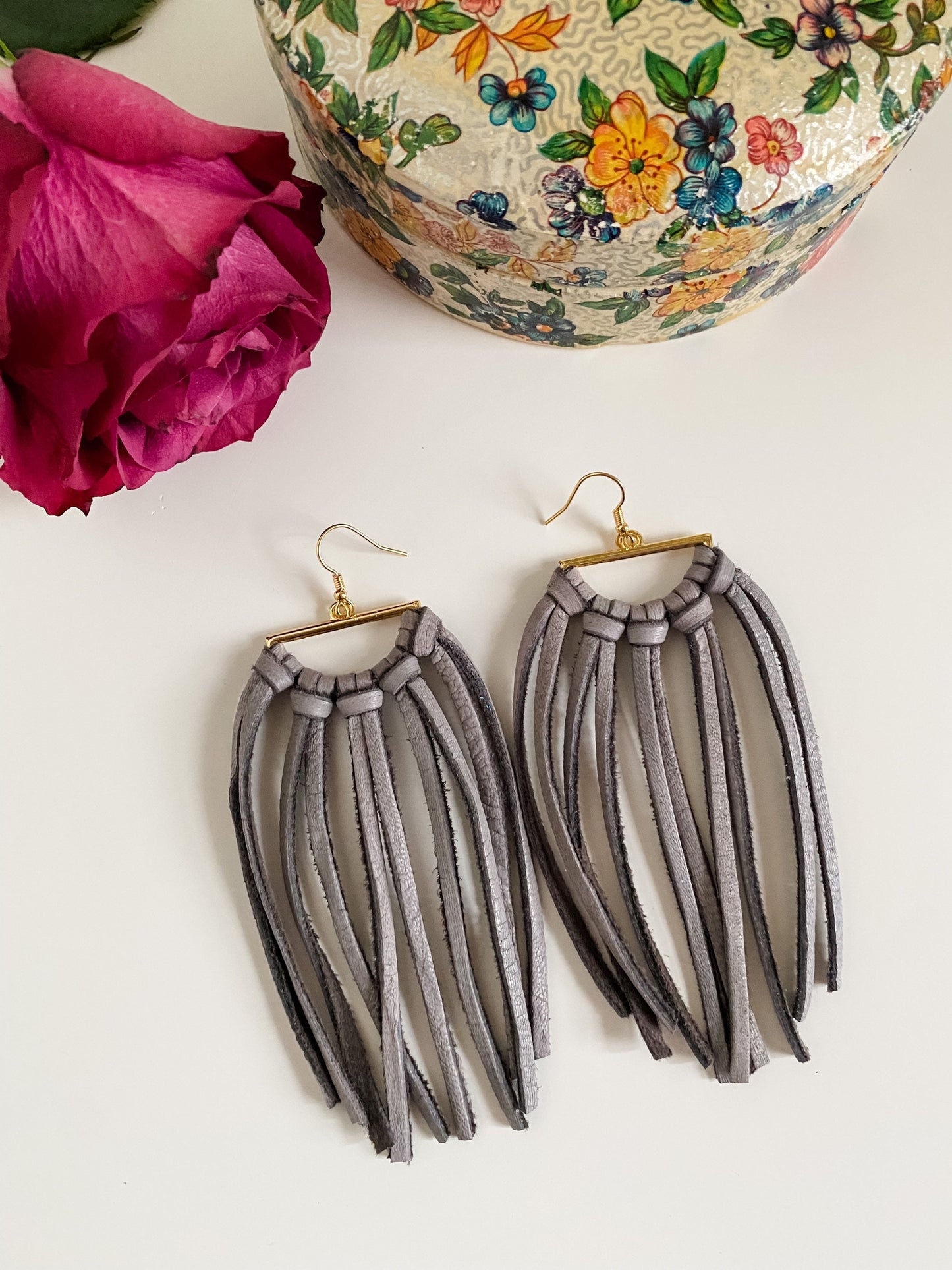 Gray Deerskin Fringe Earrings, Gold Semicircle Hoops with Leather Fringe, Boho Chic Handmade Earrings, Western Earrings, Festival Earrings