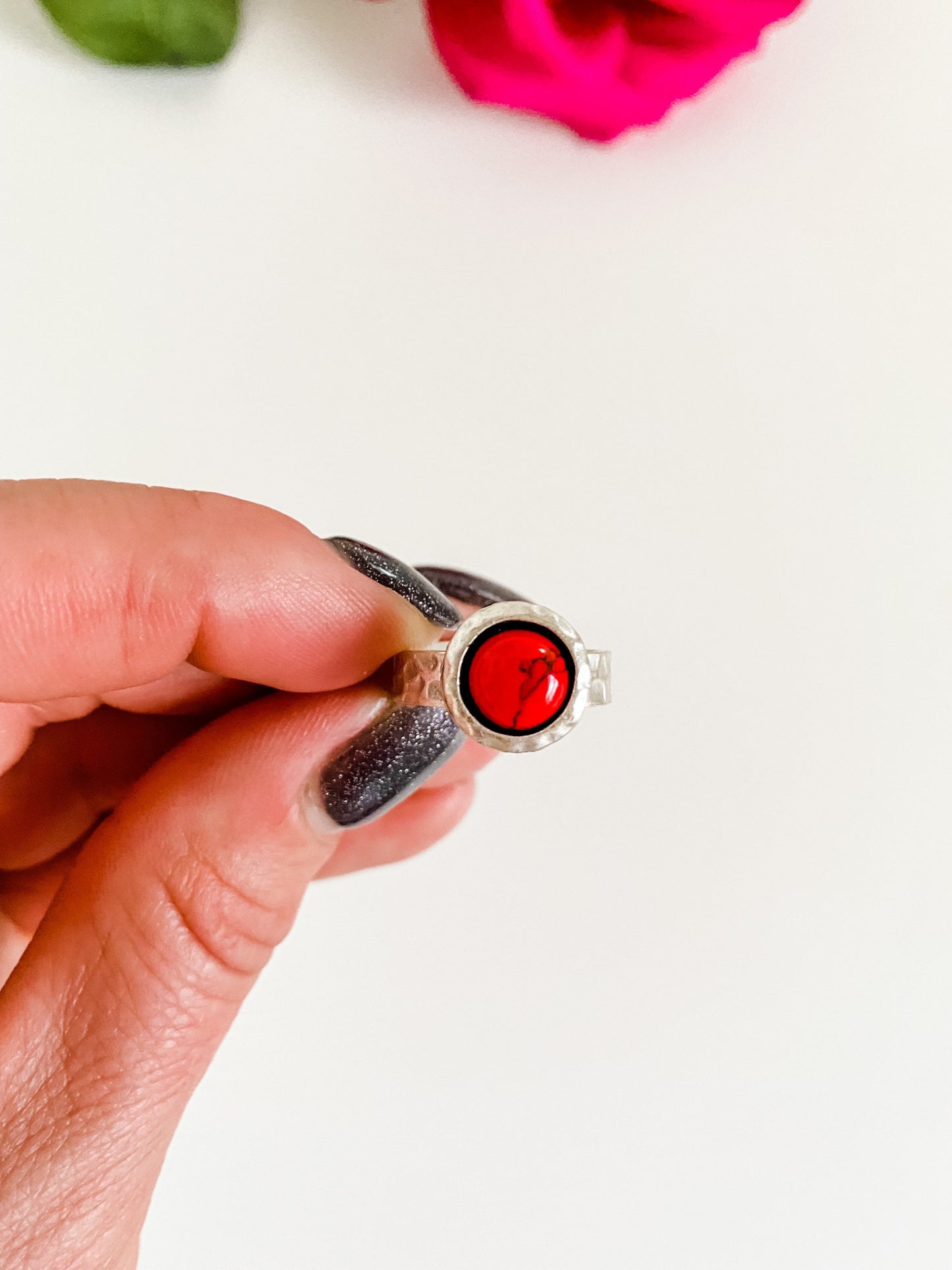 Red Howlite Bracelet and Ring Set, Coastal Cowgirl Jewelry, Silver Skinny Cuff Bracelet, Hammered Silver Ring, Boho Jewelry Gift for Her