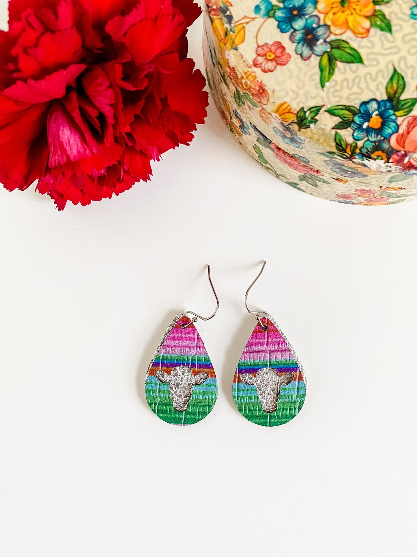 Serape Earrings with Cow Cutout, Serape Print Teardrop Earrings, Cute Cow Earrings, Western Earrings, small earrings