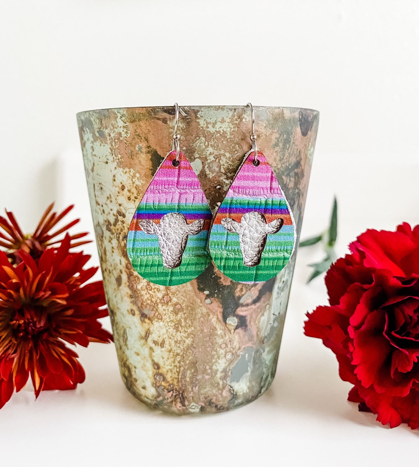 Serape Earrings with Cow Cutout, Serape Print Teardrop Earrings, Cute Cow Earrings, Western Earrings, small earrings