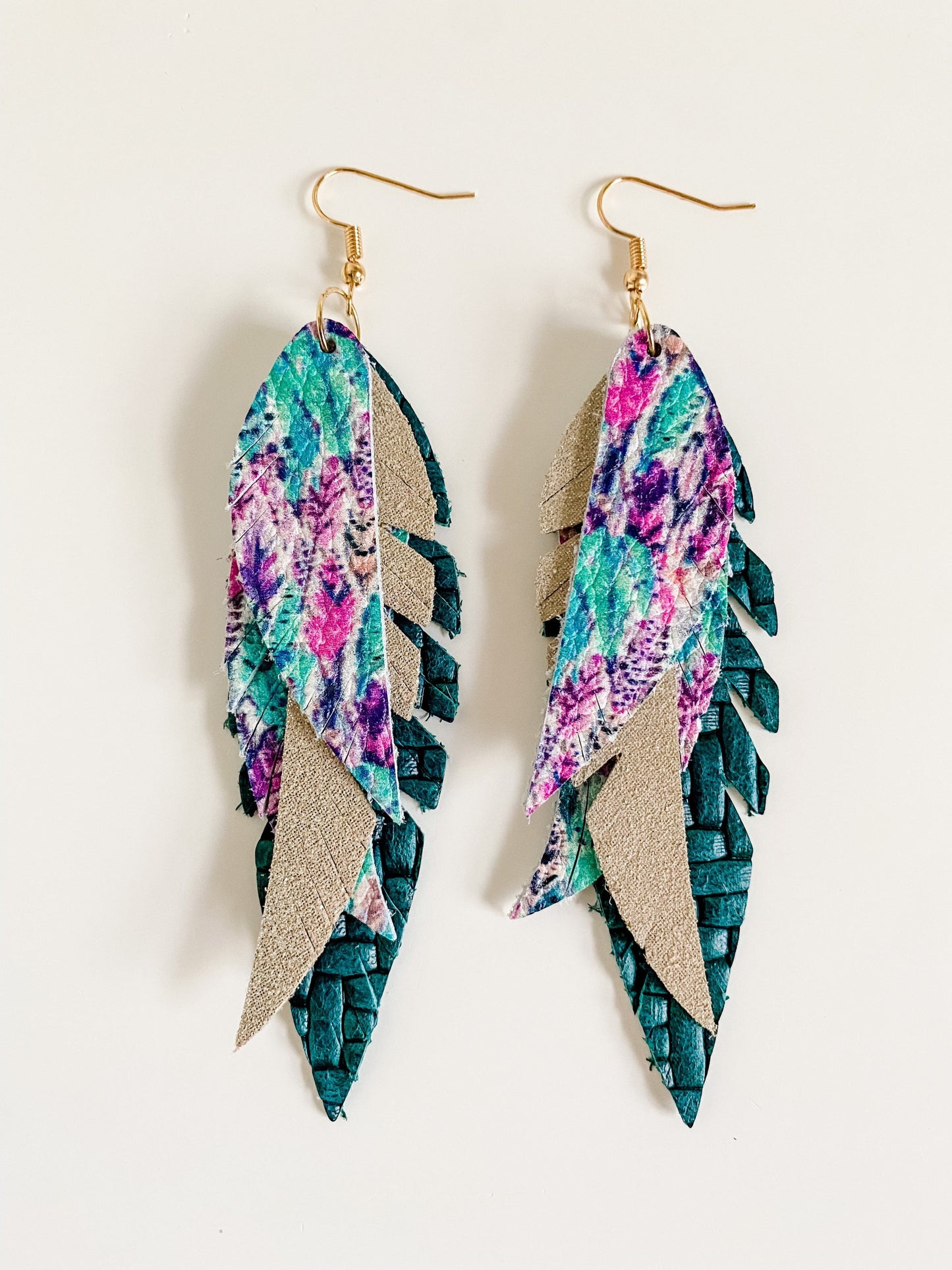 Layered Feather Earrings, Feather Print Leather, Champagne Dazzle Suede, Dark Teal Woven Leather, Statement Earrings, Aqua, Pink, Purple