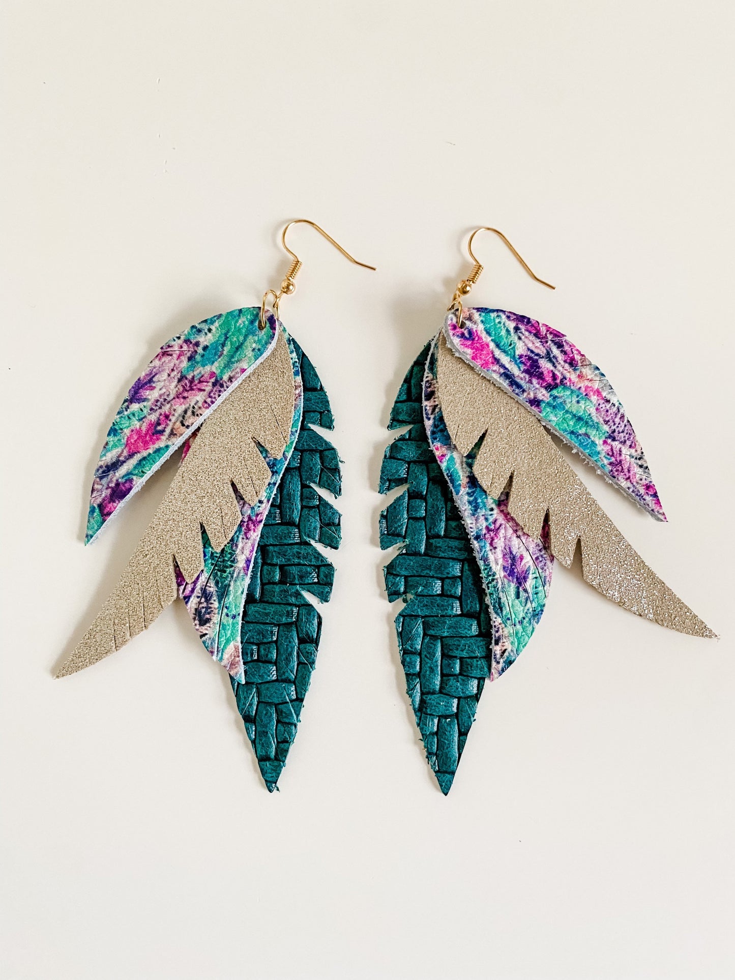 Layered Feather Earrings, Feather Print Leather, Champagne Dazzle Suede, Dark Teal Woven Leather, Statement Earrings, Aqua, Pink, Purple