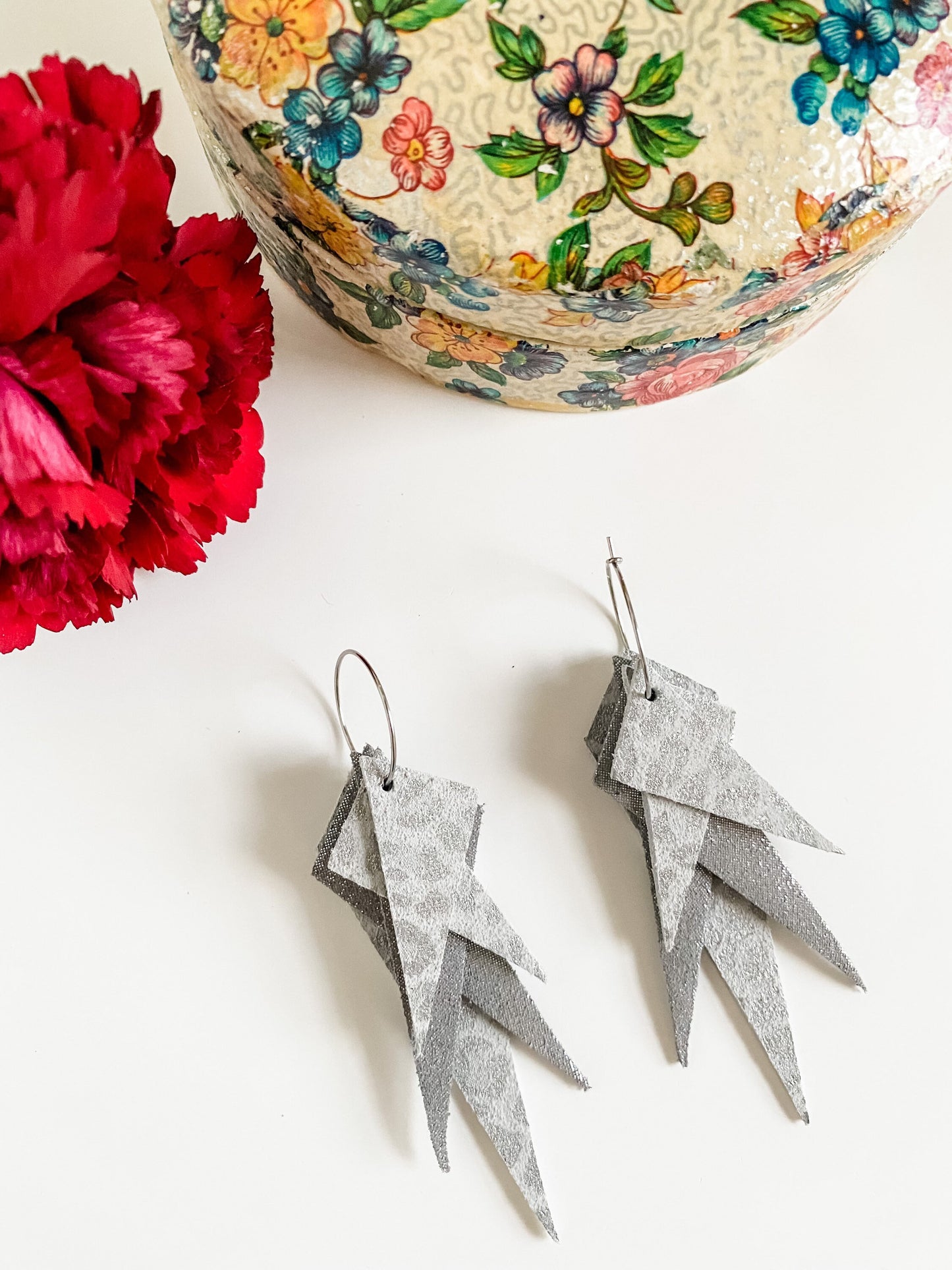 Retro Chic Earrings, Metallic Silver Cheetah Print Leather, Gray Statement Earrings, Angular Leather Dangle Earrings, Festival Concert