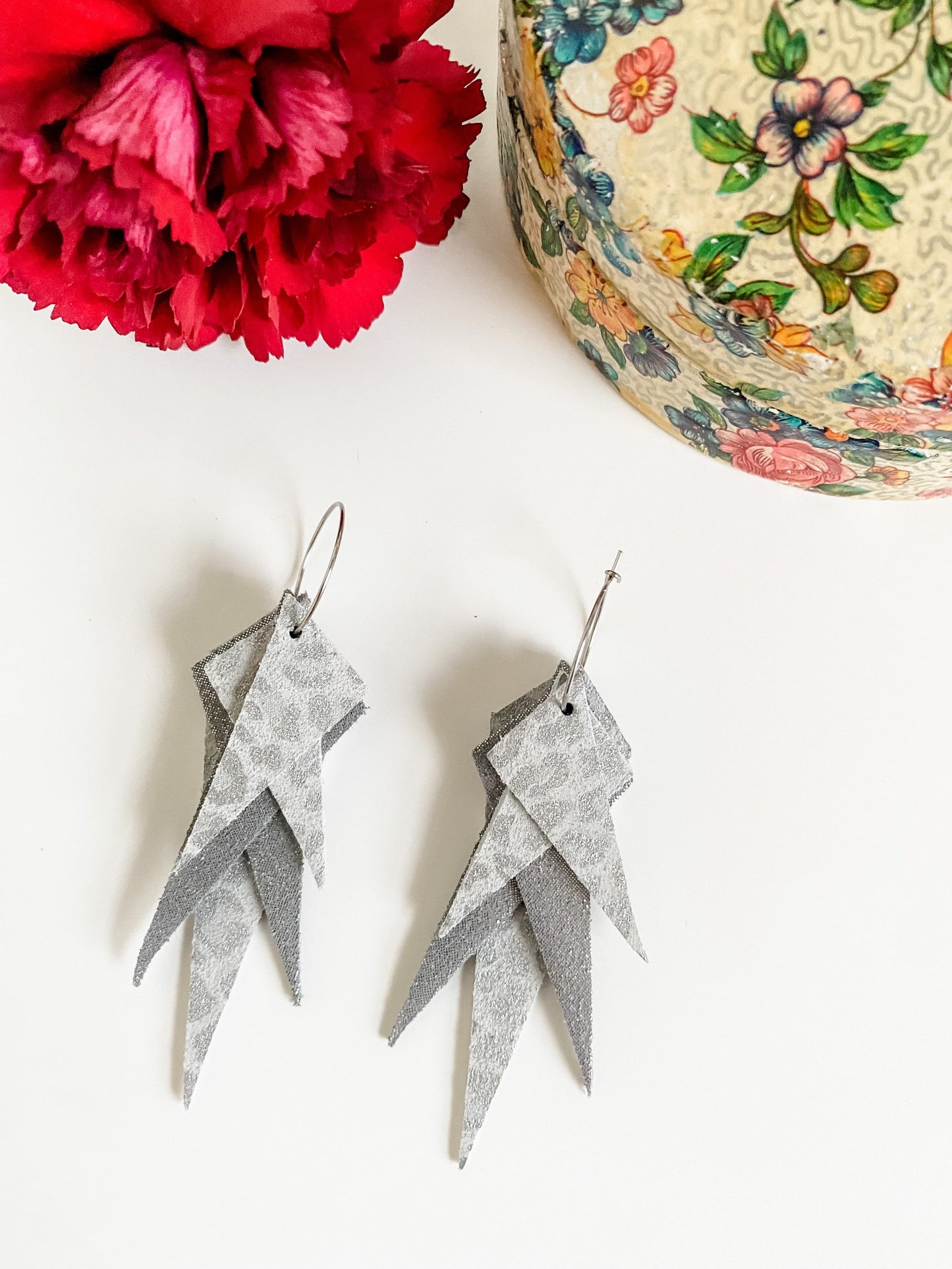 Retro Chic Earrings, Metallic Silver Cheetah Print Leather, Gray Statement Earrings, Angular Leather Dangle Earrings, Festival Concert