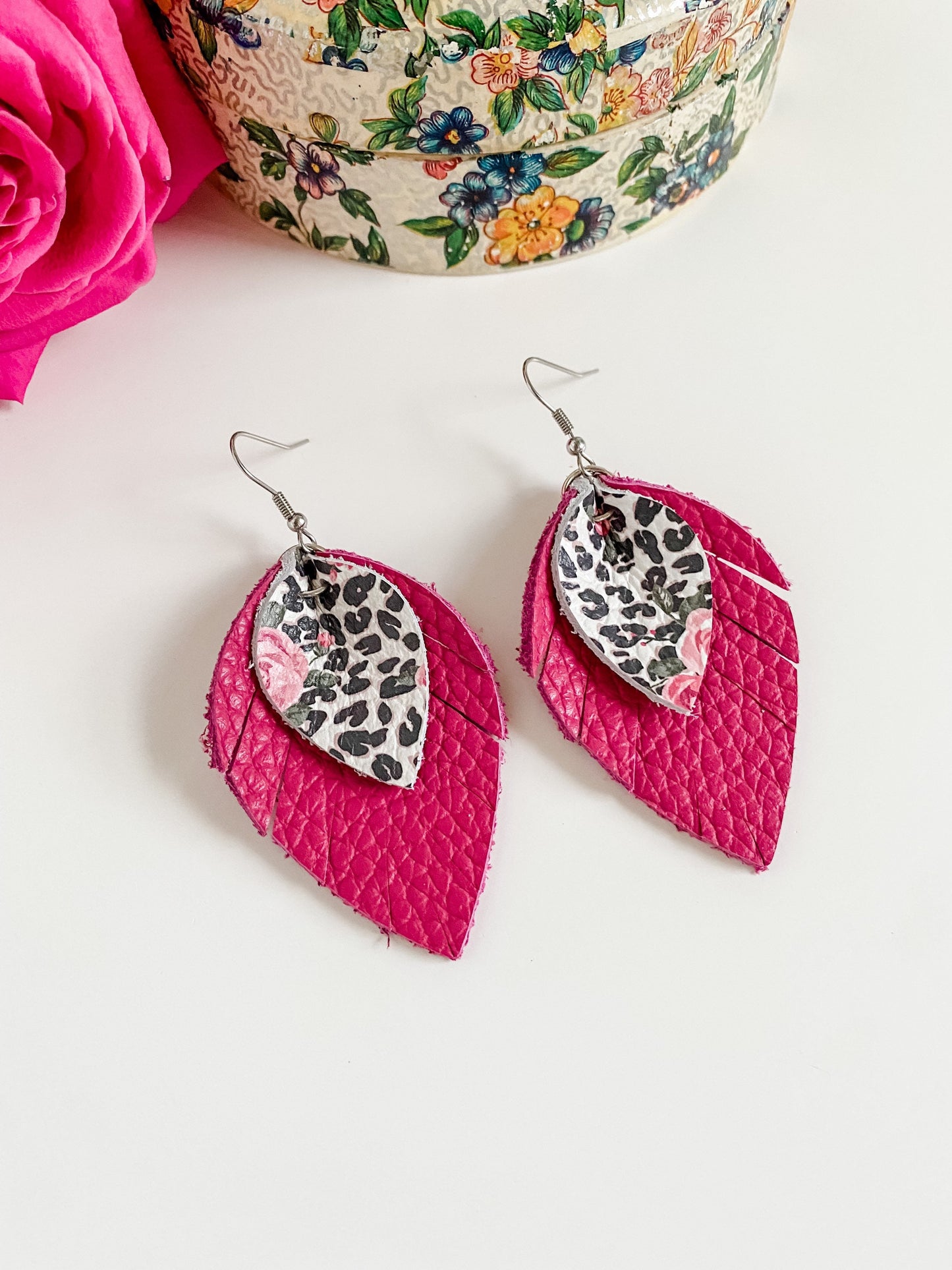 Leather Pinched Petal Earrings, Dark Pink Leather, Black White Leopard Print with Roses, Coquette Chic Earrings, Fringe Petal Earrings