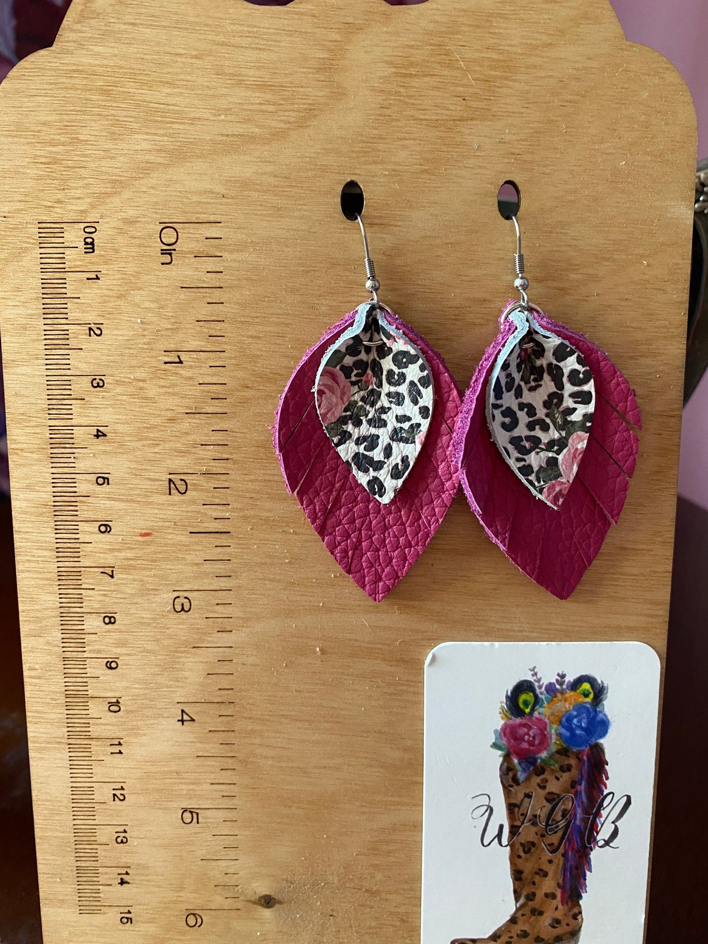 Leather Pinched Petal Earrings, Dark Pink Leather, Black White Leopard Print with Roses, Coquette Chic Earrings, Fringe Petal Earrings