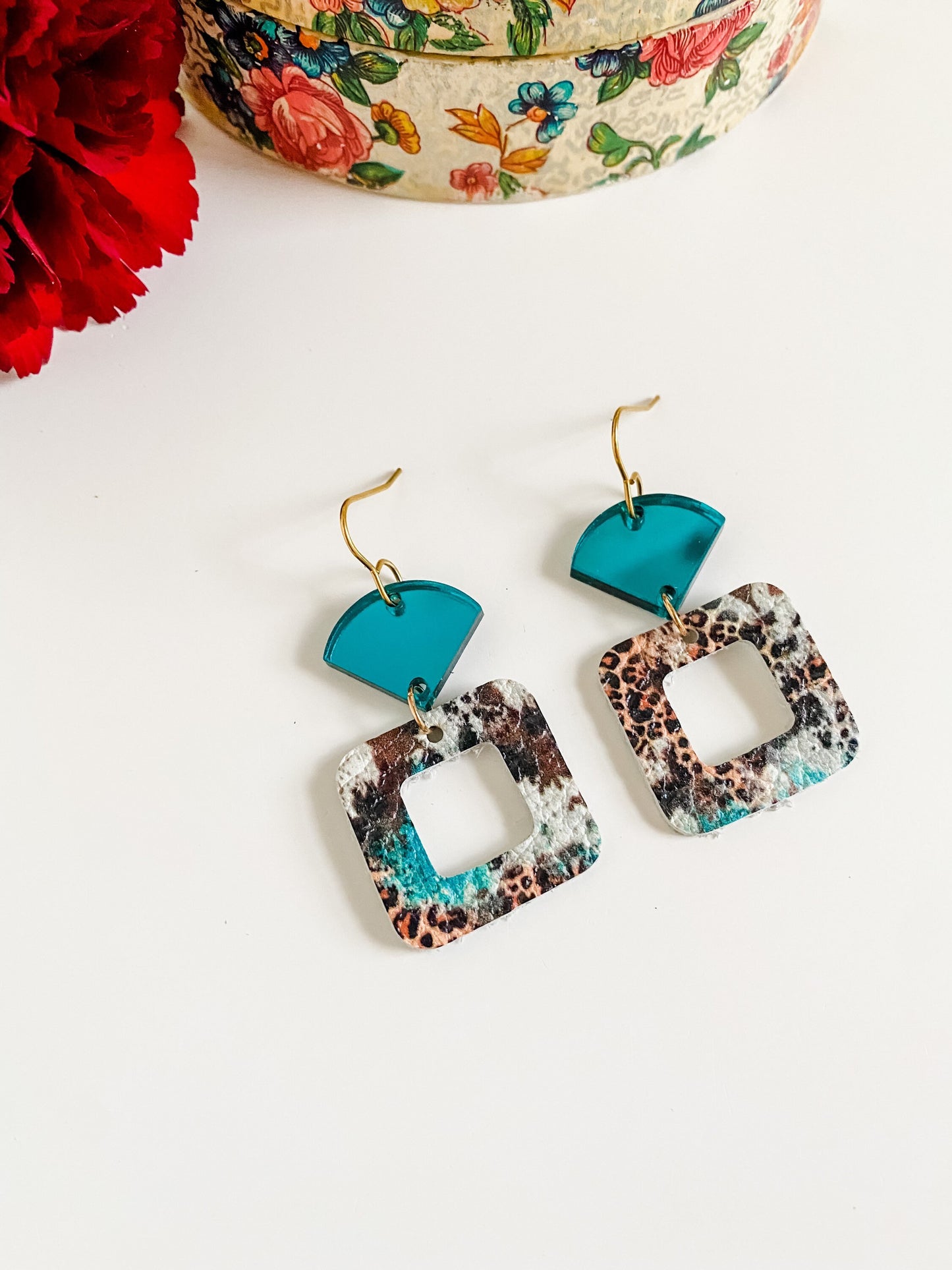 Teal and Cheetah Geometric Earrings, Small Square with Cutout, Mirrored Teal Acrylic Fan Connector, Abstract Cheetah Print, Small Earrings