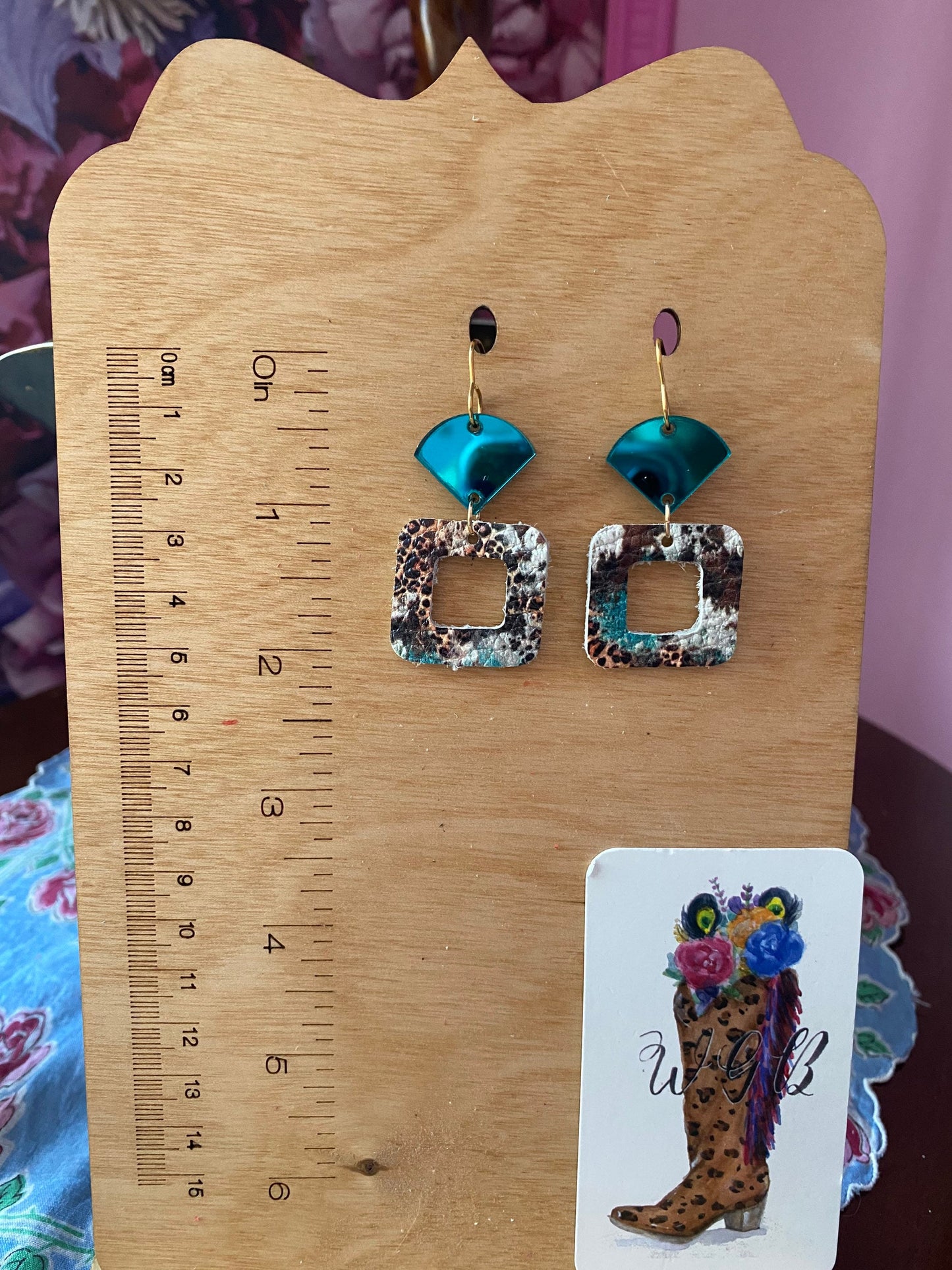 Teal and Cheetah Geometric Earrings, Small Square with Cutout, Mirrored Teal Acrylic Fan Connector, Abstract Cheetah Print, Small Earrings