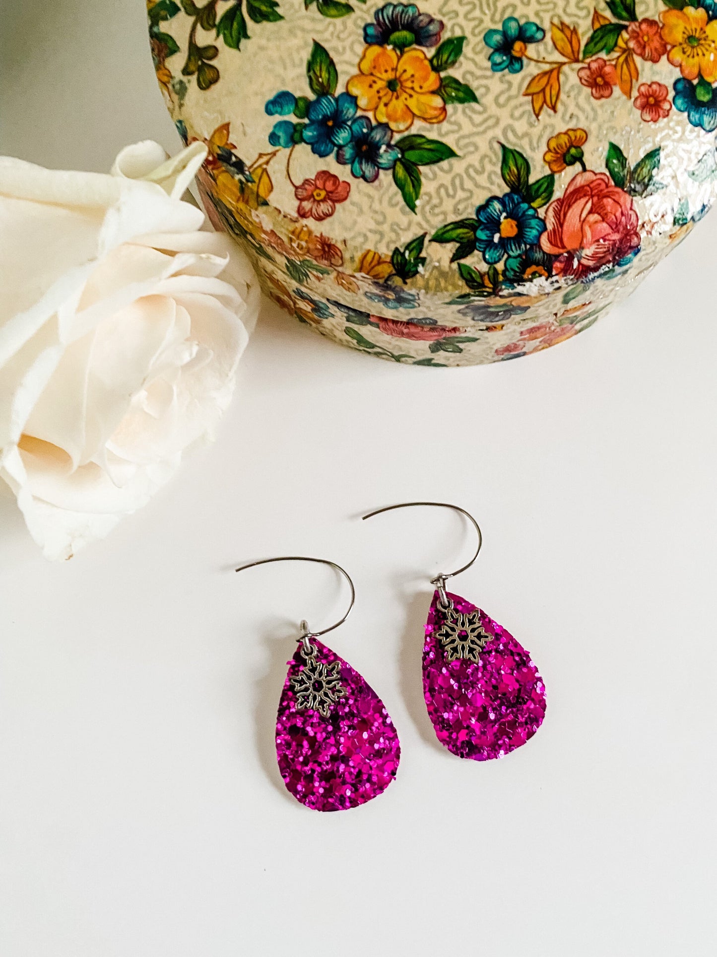 Dark Pink Glitter Teardrop Earrings with Snowflake Charms, Stocking Stuffer for Women, Holiday Party Earrings, Pink Christmas Earrings