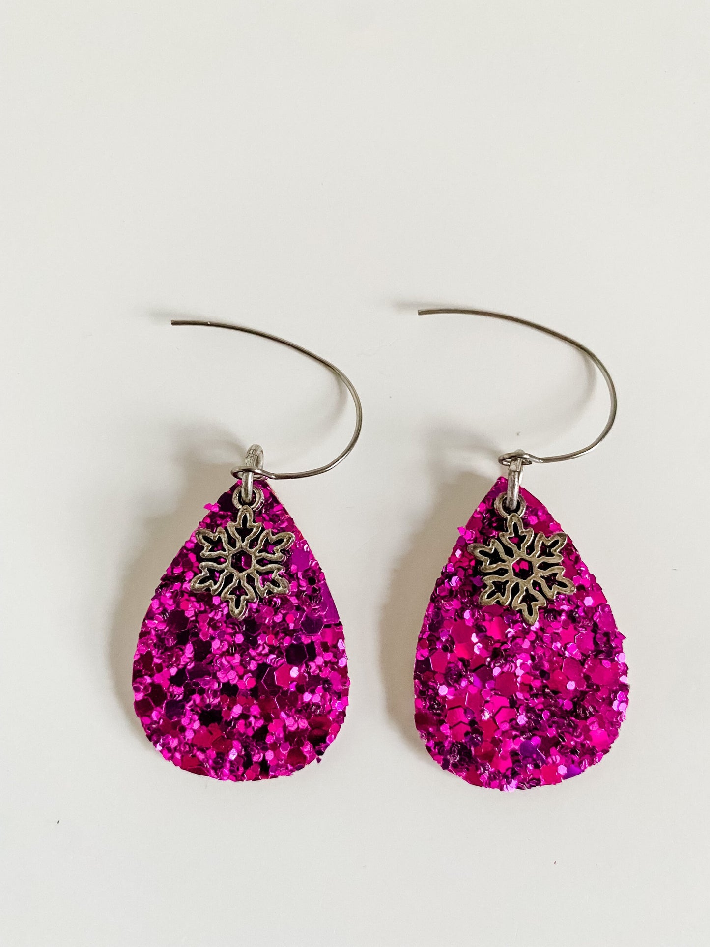 Dark Pink Glitter Teardrop Earrings with Snowflake Charms, Stocking Stuffer for Women, Holiday Party Earrings, Pink Christmas Earrings