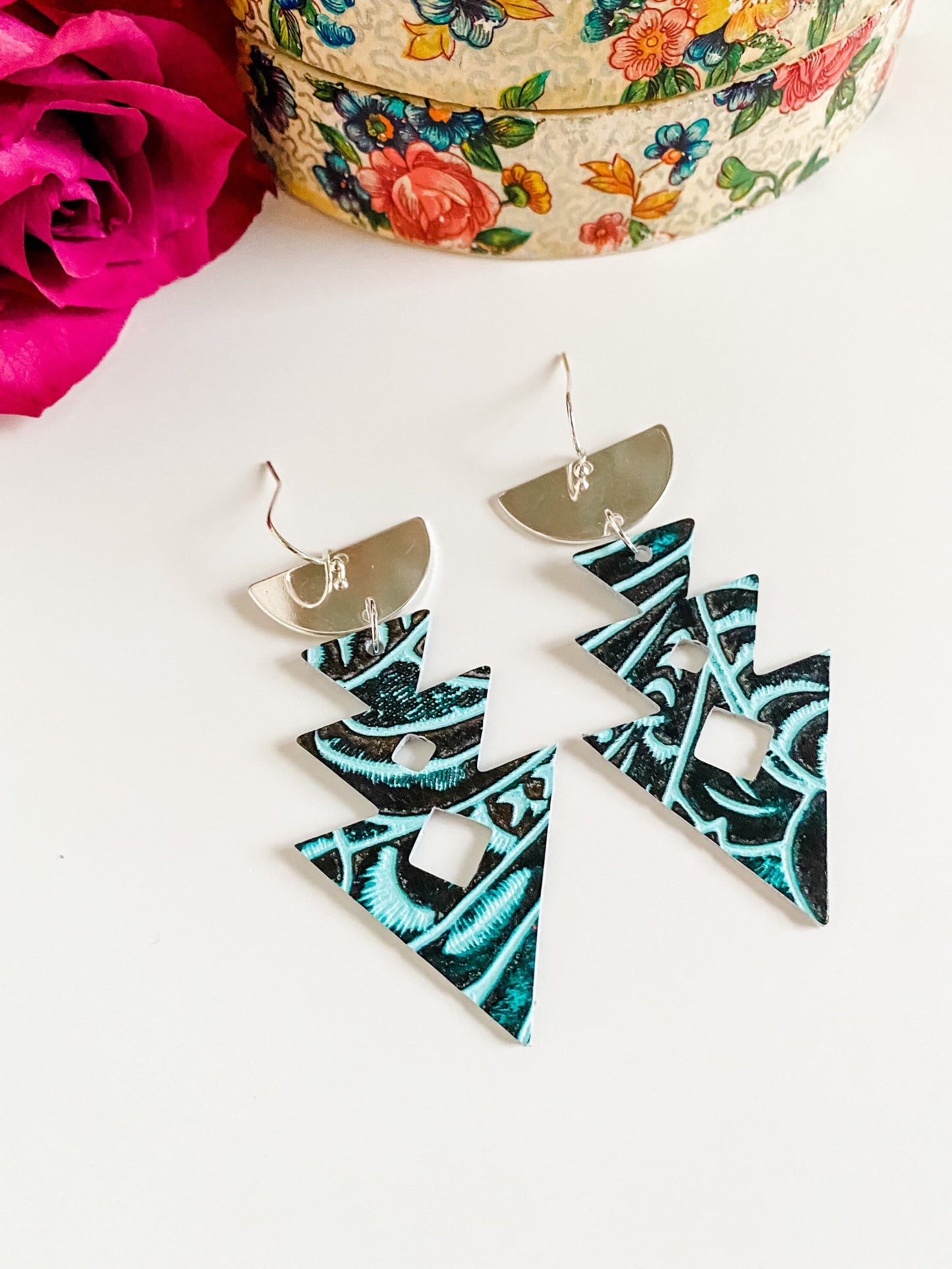 Turquoise Aztec Earrings, Turquoise Western Floral Embossed Leather, Coastal Cowgirl Earrings, Boho Tribal Chic Earrings, Western Earrings