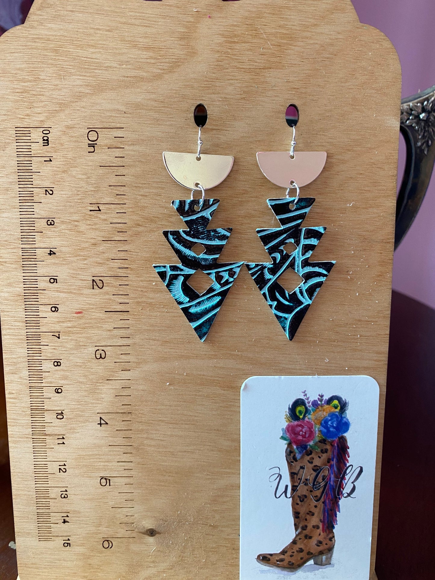 Turquoise Aztec Earrings, Turquoise Western Floral Embossed Leather, Coastal Cowgirl Earrings, Boho Tribal Chic Earrings, Western Earrings